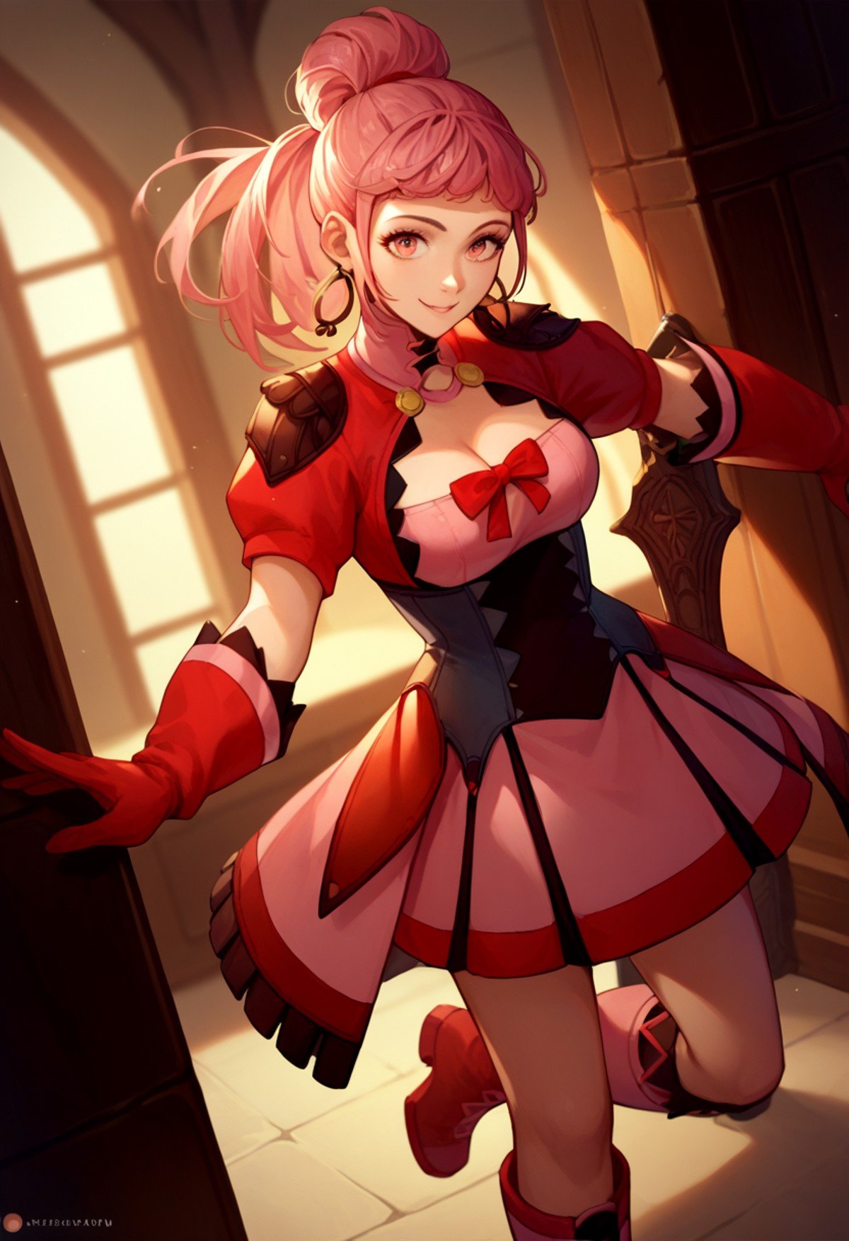 score_9, score_8_up, score_7_up, solo, 1girl, hildahopes, smile, looking at viewer, standing, hair bun, ponytail, pink dress, cleavage cutout, red bow, black corset, puffy short sleeves, red gloves, boots, hoop earrings, cleavage <lora:fireemblem_goneril_ponyXL:1>