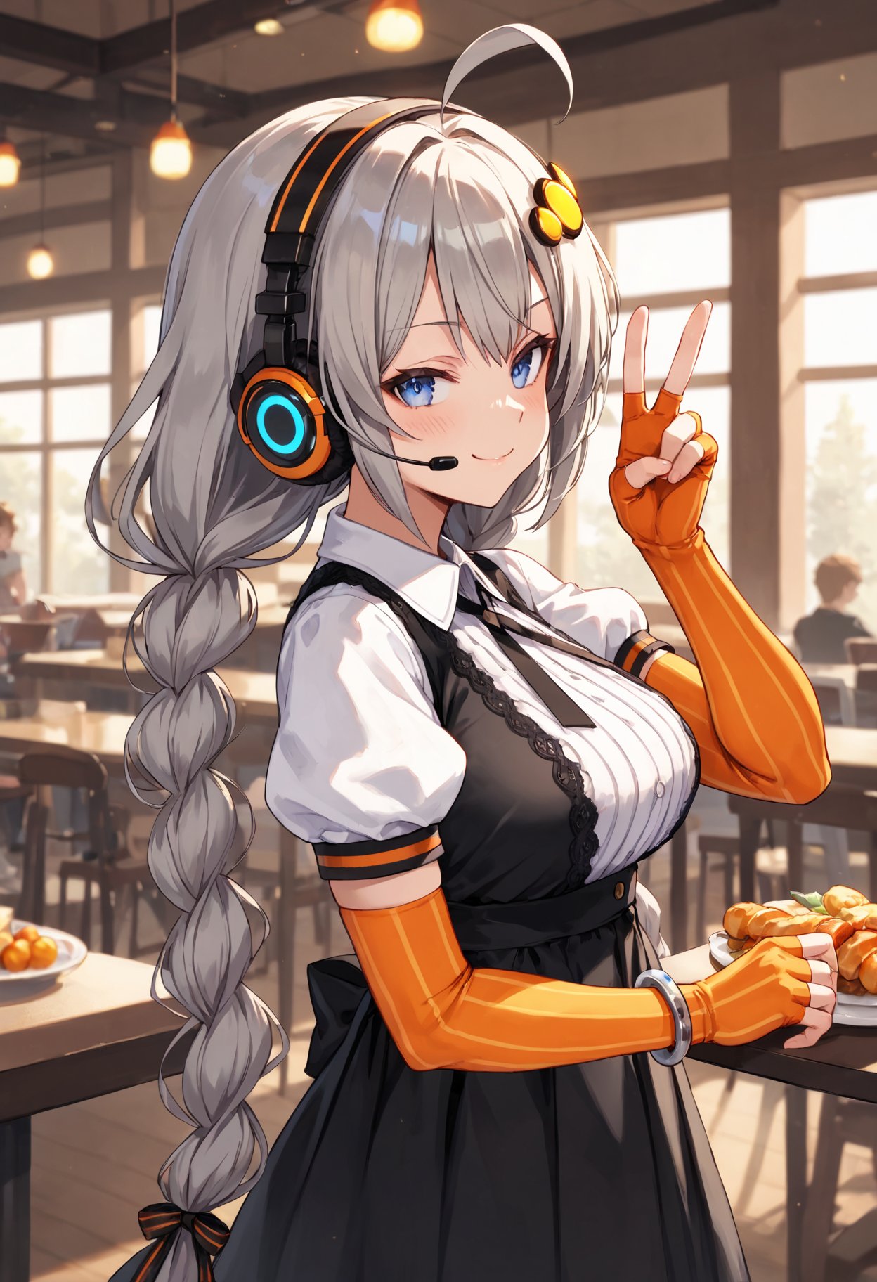 score_9, score_8_up, score_7_up,  <lora:KizunaAkari_MMD_Pony_V1:0.95>blue eyes, grey hair,  ahoge, twin braids, braid, very long hair, hair ornament, hair tubes, headphones, headset, black dress,  lace-trimmed dress, short sleeves, puffy sleeves, orange gloves, striped gloves, elbow gloves, fingerless gloves, bracelet, orange pantyhose, striped pantyhose, star print, star (symbol), vertical stripes, from side,, looking back,, upper body,,A cafeteria, delicious food, Holding food ,smile,cowboy shot ,huge brests,smug, smirk, blush,peace sign, 