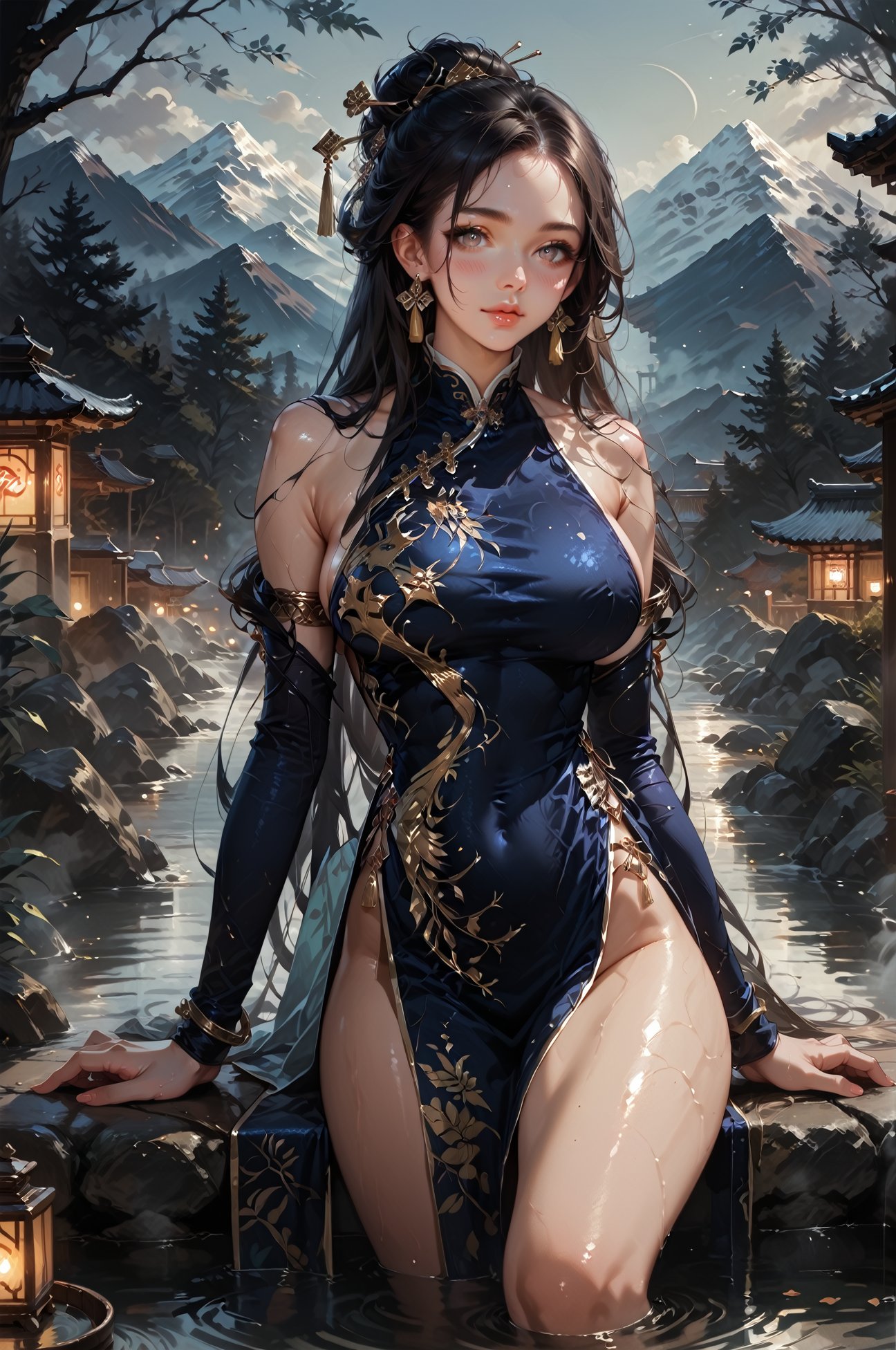 score_9, score_8_up, score_7_up, score_6_up, 1girl, black hair, hairpin, beautiful, skinny, huge breasts, long hair, smiling, shiny skin, looking at viewer, dark theme, low light, in a hot spring, mountains, onsen, long hair, earrings, hair pin, <lora:LOAwdl34pXL:0.85>,LOAwdl34pXL, qipao, armlet, long sleeves,<lora:sinfully_stylish_SDKL:0.5> <lora:Concept Art DarkSide Style LoRA_Pony XL v6:0.8> ,dark theme, low light, concept art, realistic, <lora:Expressive_H:0.5> Expressiveh