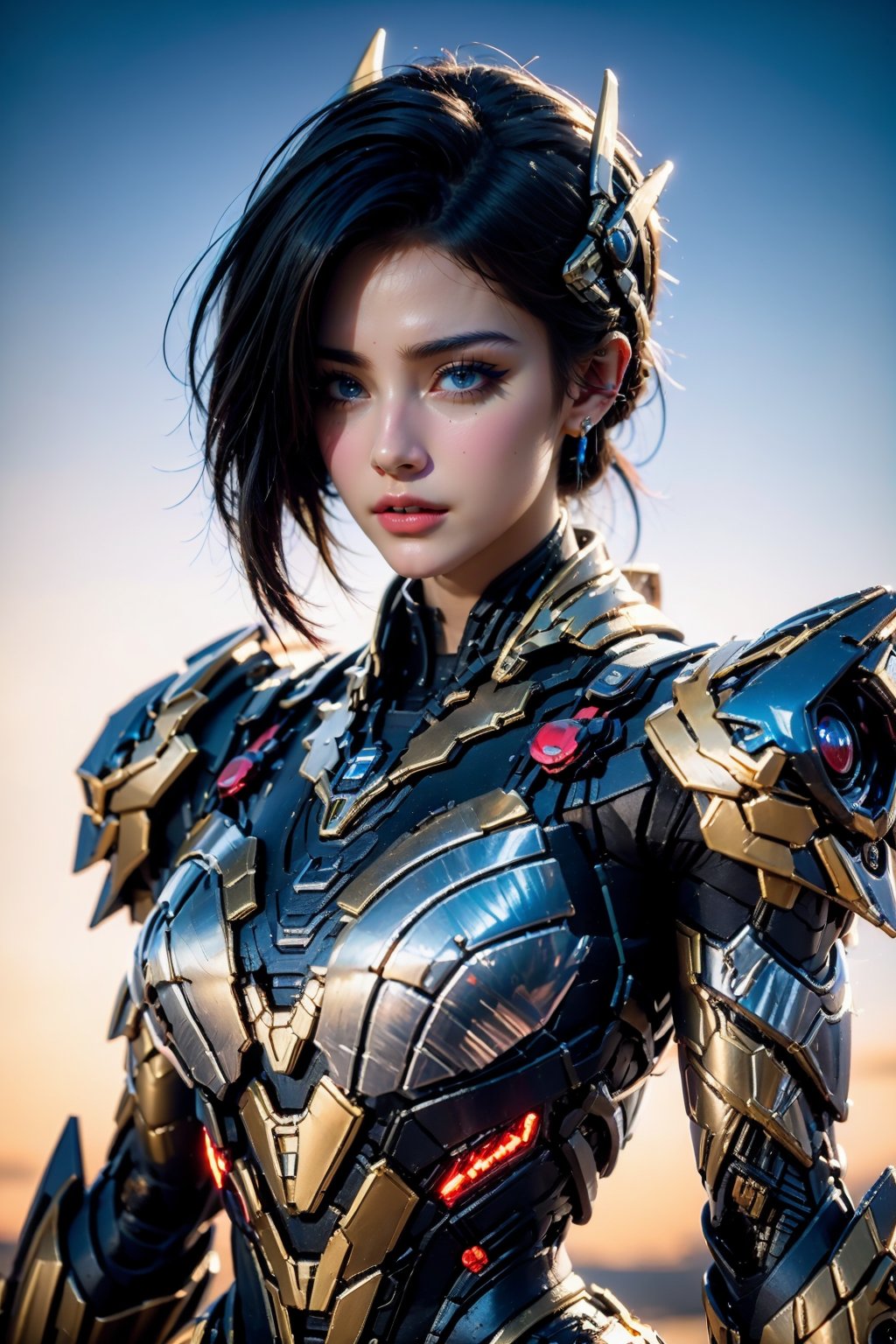 <lora:AgainRealistic_v2.0:1>,AgainRealistic_v2.0, 1girl, solo, blue eyes, looking at viewer, lips, brown hair, upper body, mole, mole under eye, nose, parted lips, earrings, armor, realistic, makeup, science fiction, jewelry, power armor, bodysuit, headgear, red lips, short hair, cyborg, black hair, breasts, lipstick, cyberpunk, blue background, eyelashes, long hair