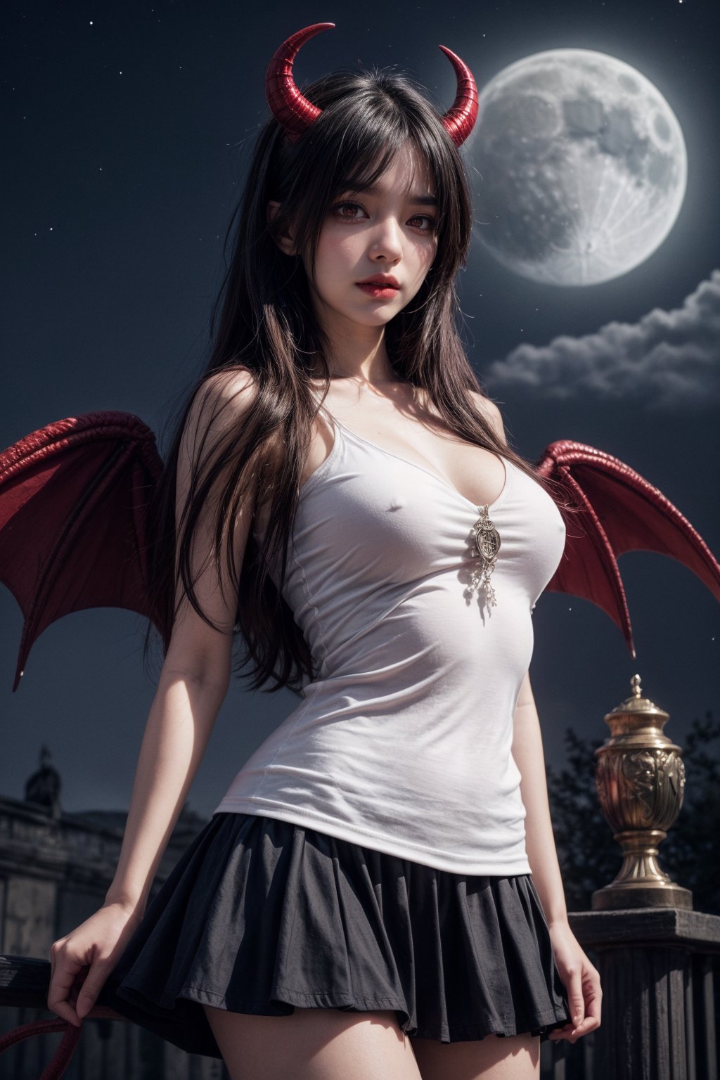 masterpiece, (best quality:1.4), [:intricate details:0.2], demon girl, skirt, (red eyes:1.5), demon horns, demon wings, demon tail, enchanting gaze, captivating pose, otherworldly charm, mystical sky, moonlit night, cloud,