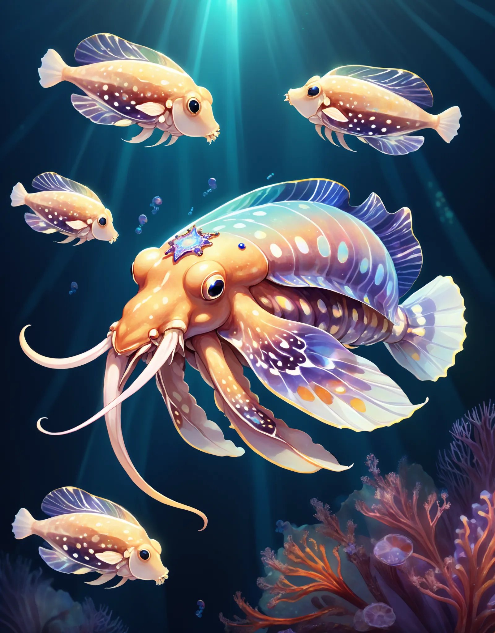 Illustration of a glowing cuttlefish adorned with iridescent patterns and shimmering decorations, gracefully gliding through the deep ocean waters amidst a school of mesmerized fish