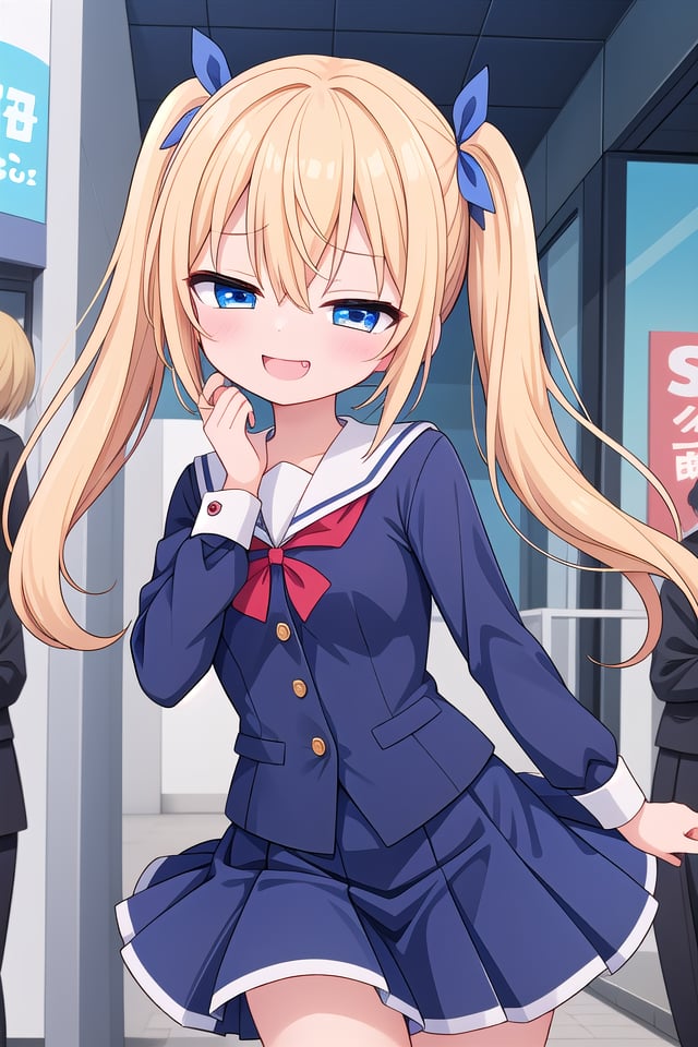 <lora:sensualface_type2_v3:1>insanely detailed, absurdres, ultra-highres, ultra-detailed, best quality,1girl, solo, nice hands, perfect hands,BREAK(wearing sailor school uniform, dark blue pleated skirt, white shirt),(evil smile, ;3, smug, open mouth:1.3), fangsBREAKstanding, hand on own face, 45 angle,from below, cowboy shot, looking at viewer, tilt headBREAKslender, kawaii, perfect symmetrical face, ultra cute girl, ultra cute face, ultra detailed eyes, ultra detailed hair, ultra cute, ultra beautifulBREAKin harajuku, shibuya, tokyo, street, crowd, cityscape,small breastsBREAK(gold blonde) hair, (short:1.3) twintails, blue eyes, blue hair ribbon, hair between eyes