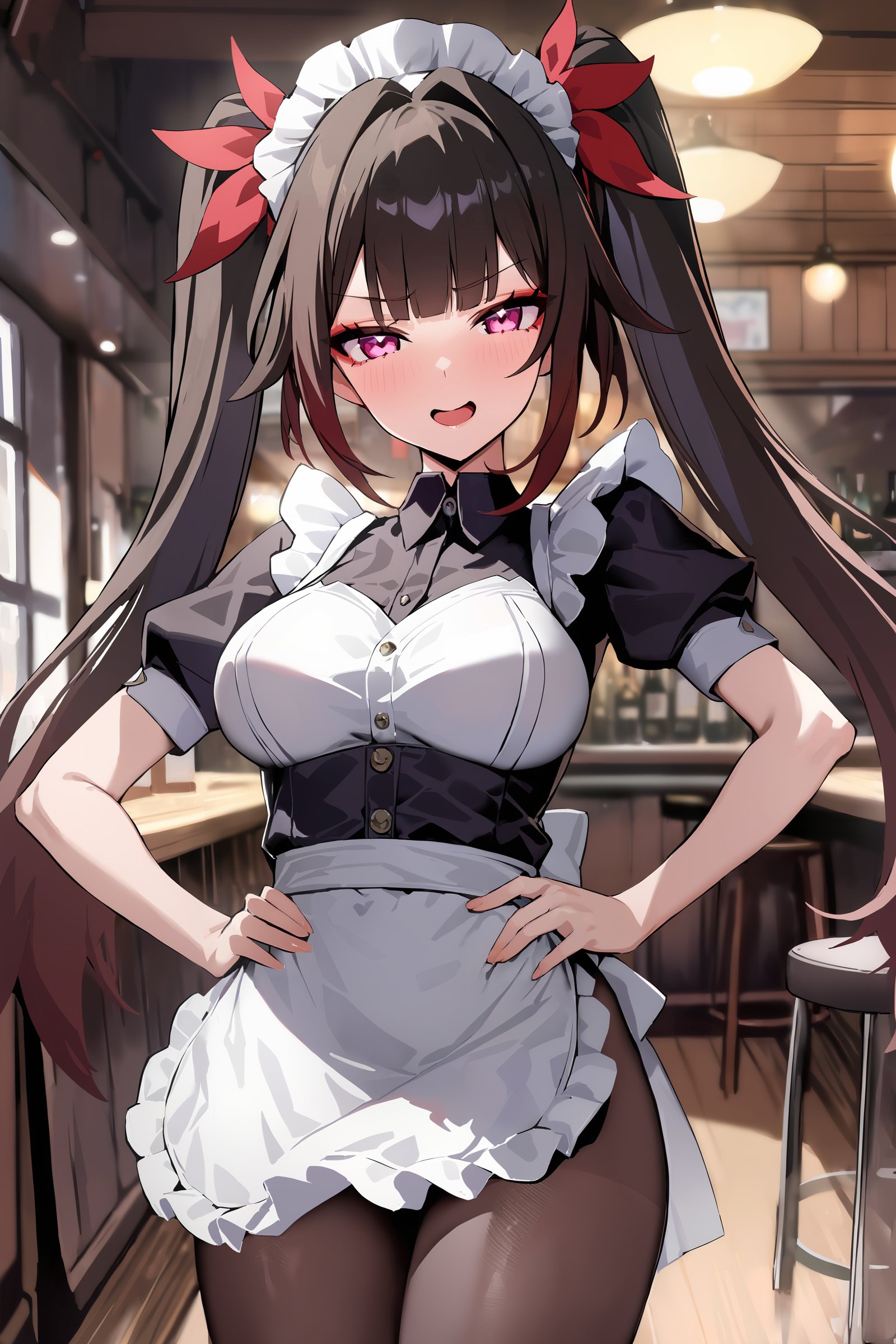 masterpiece, best quality, illustration, highres, ultra-detailed, 1girl, sparkle \(honkai: star rail\), twintails, solo, maid, maid headdress, maid apron, pantyhose, looking at viewer, cowboy shot, bar \(place\), indoors, depth of field, smug, open mouth, hand on hip <lora:Char-HonkaiSR-Sparkle-XL-V1:0.9>