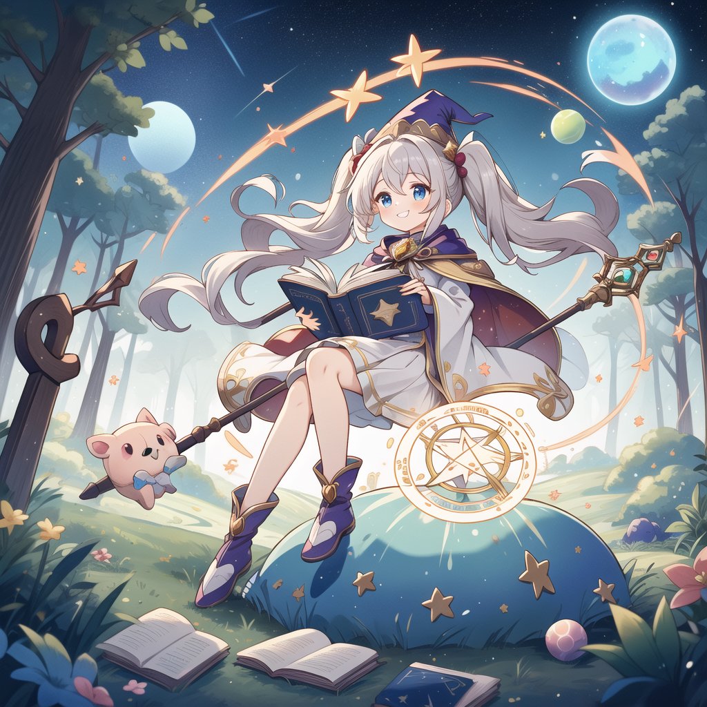 (masterpiece), (best quality), (extremely detailed), photo realistic, ((A magical girl, mage's robe, magical hat, magical staff, small cute plush ball errings, lot of flying objects, pigtails, A charming smile, reading magical casting-spelling book)), between dimensions, magic circle,　starlight, clock tower, fluffy, outdoors, full body, dynamic pose, dynamic angle, wide shot, ,forest,magic circles