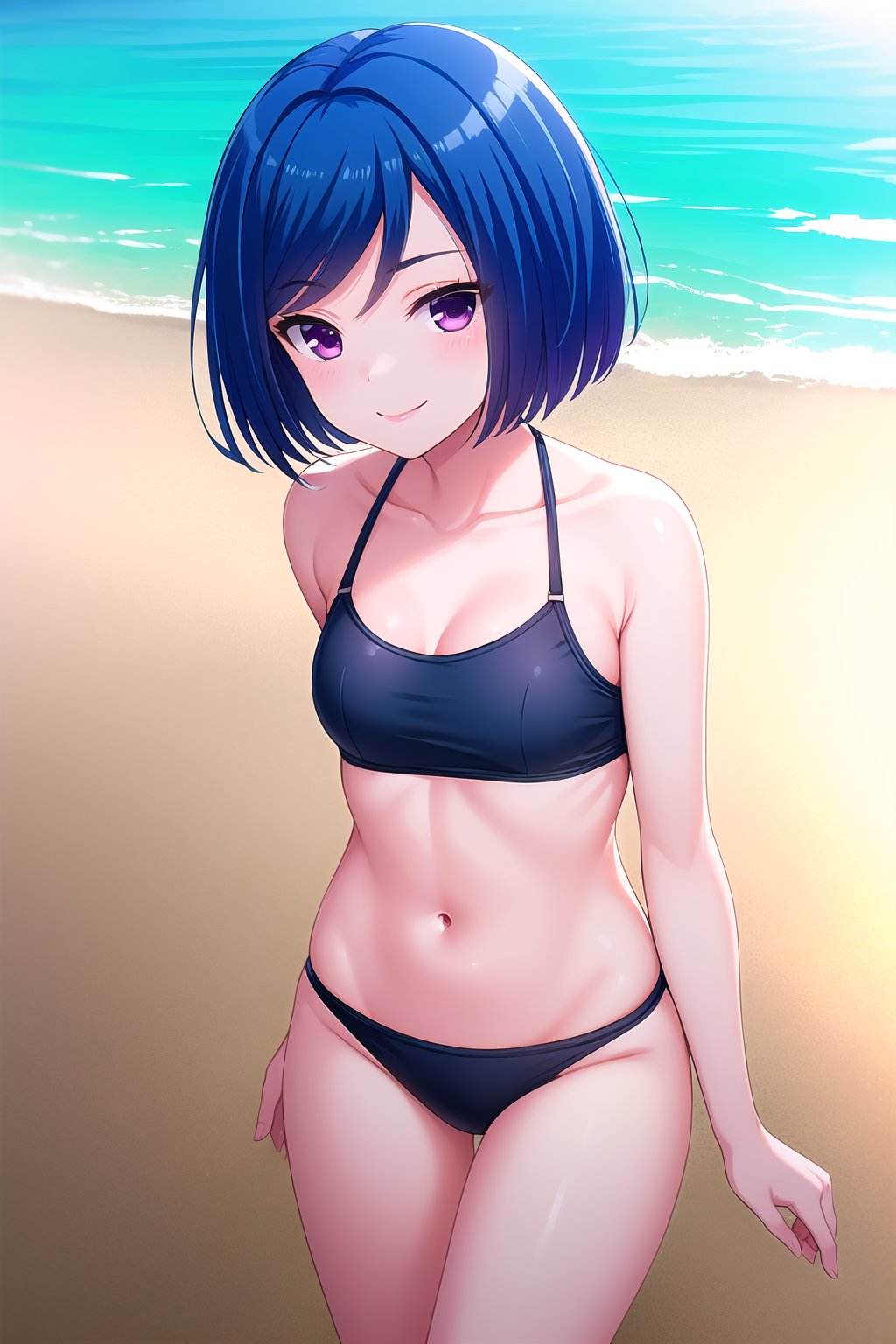 (masterpiece, best quality), highly detailed background, perfect lightingbest quality, akasegawamaki, solo, outdoors, beach, blue hair, swept bangs, bob cut, short hair, purple eyes, medium breasts, black bikini, swimsuit, smile, closed mouth, :), pink lips, <lora:Akasegawa-Maki-2-10:0.7>