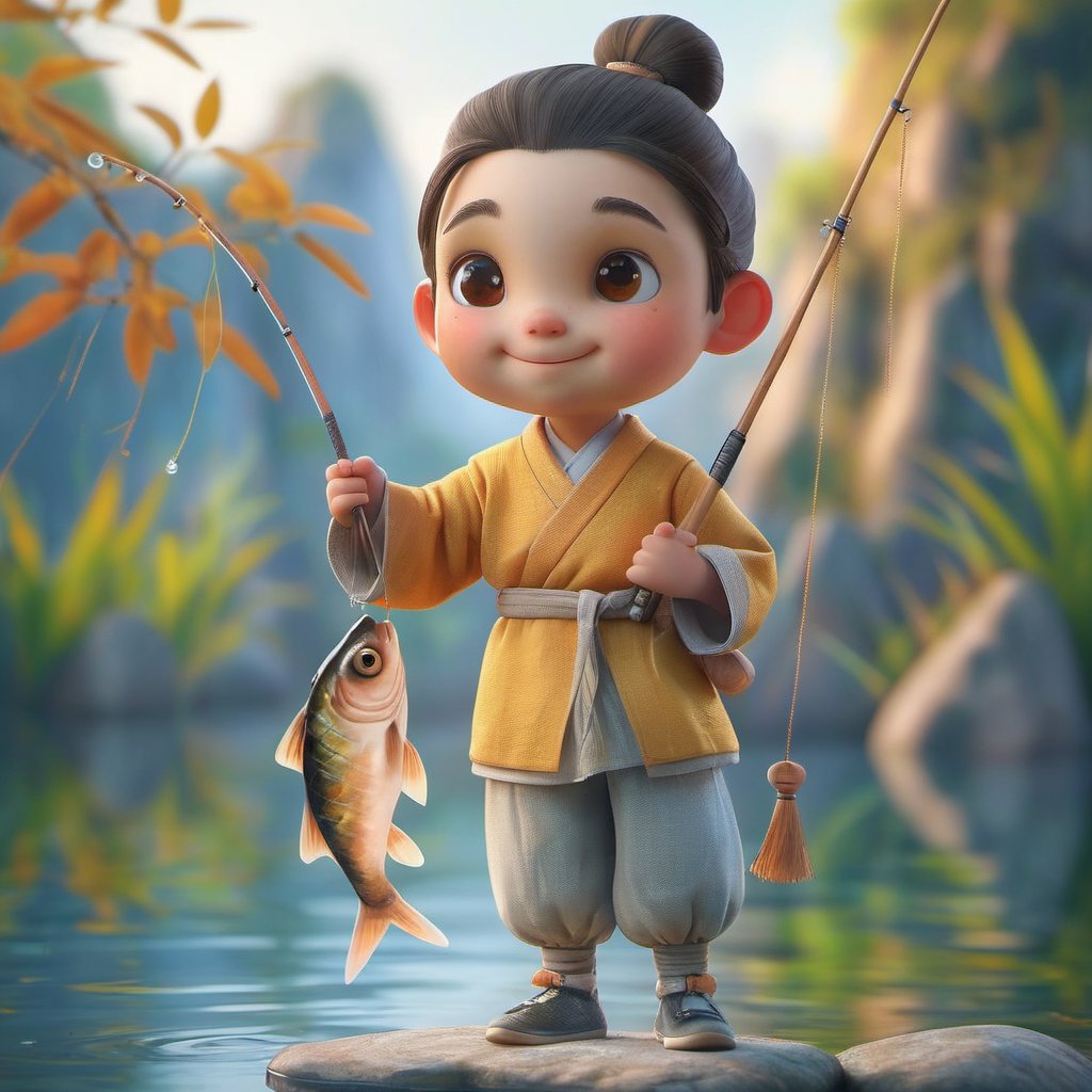 fish,fishing rod,outdoors,solo,blurry,holding,smile,brown eyes,standing,blurry background,day,1boy,water,long sleeves,hair bun,fishing,single hair bun,pants,brown hair,1girl,parted lips,koi,black hair,male focus,river,depth of field,GCDY