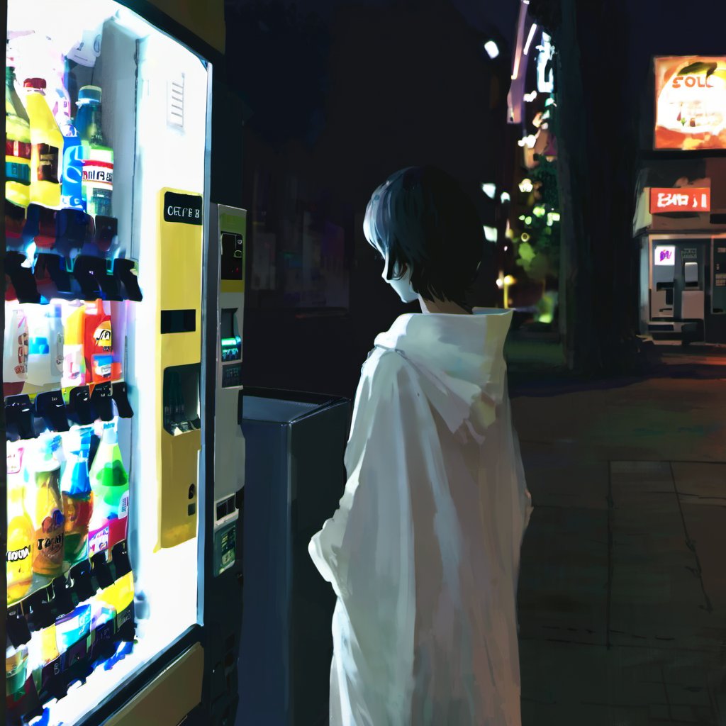 <lora:loneliness_xl_v2:0.8>,a woman in a white dress looking at a vending machine with drinks in it at night time,solo,short_hair,1boy,male_focus,outdoors,from_behind,cape,facing_away,shop,vending_machine,