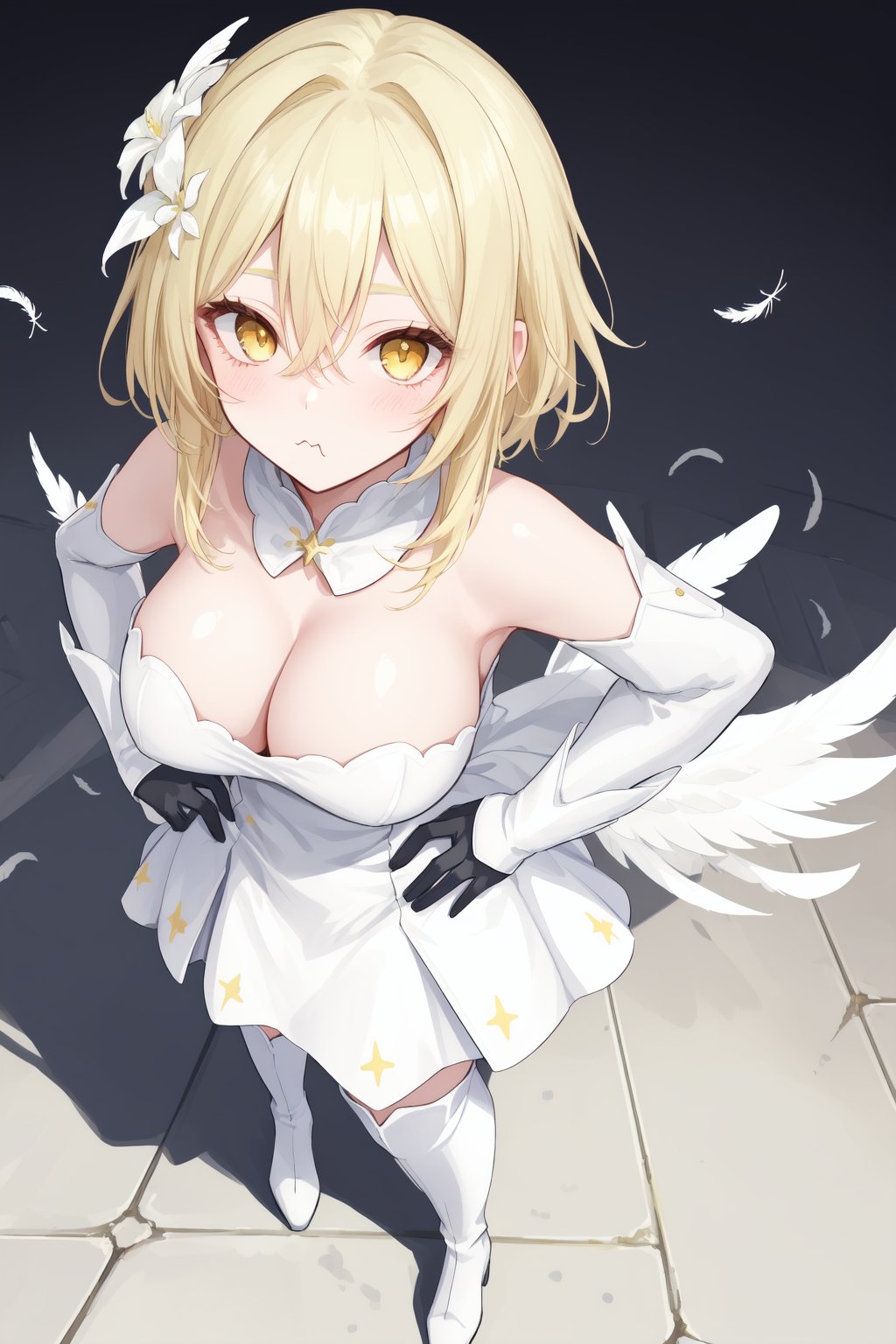 1girl,breasts,blonde hair,solo,cleavage,hair ornament,hair flower,pout,yellow eyes,white dress,hands on hips,looking at viewer,bare shoulders,large breasts,blush,thigh boots,hair between eyes,detached sleeves,boots,bangs,feather hair ornament,=3,from above,white footwear,feathers,full body,white flower,:t,standing,gloves,po style,s6xryc3,add9evlo65x,sfd6de8tv,sd6cepo5s,sf6ce9w8hd,sd69eogd,5wsd6gics,