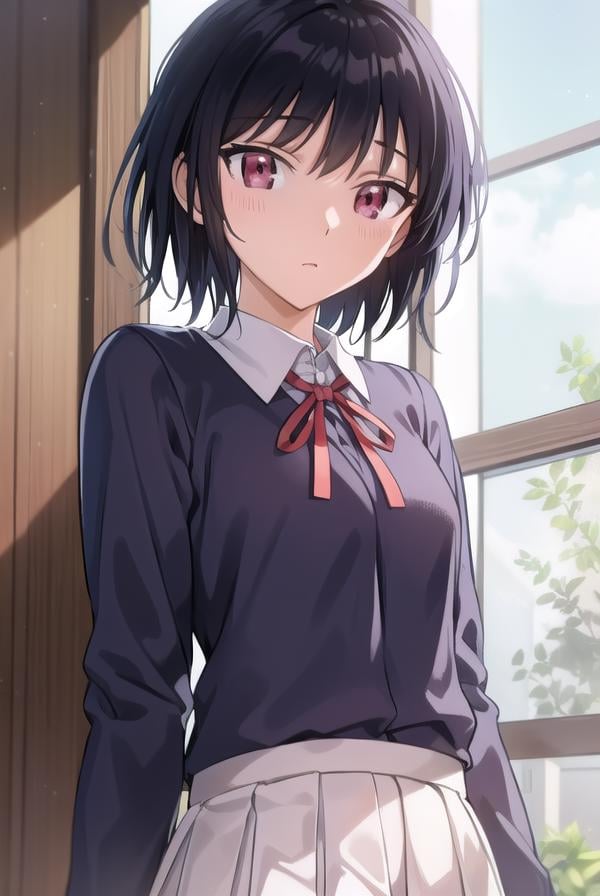 yakumotsukamoto, <lora:yakumo tsukamoto s2-lora-nochekaiser:1>,yakumo tsukamoto, short hair, black hair, (red eyes:1.3),BREAK skirt, shirt, long sleeves, bow, ribbon, school uniform, white shirt, pleated skirt, collared shirt, bowtie, red ribbon, neck ribbon, red skirt,BREAK indoors, classroom,BREAK looking at viewer, (cowboy shot:1.5),BREAK <lyco:GoodHands-beta2:1>, (masterpiece:1.2), best quality, high resolution, unity 8k wallpaper, (illustration:0.8), (beautiful detailed eyes:1.6), extremely detailed face, perfect lighting, extremely detailed CG, (perfect hands, perfect anatomy),