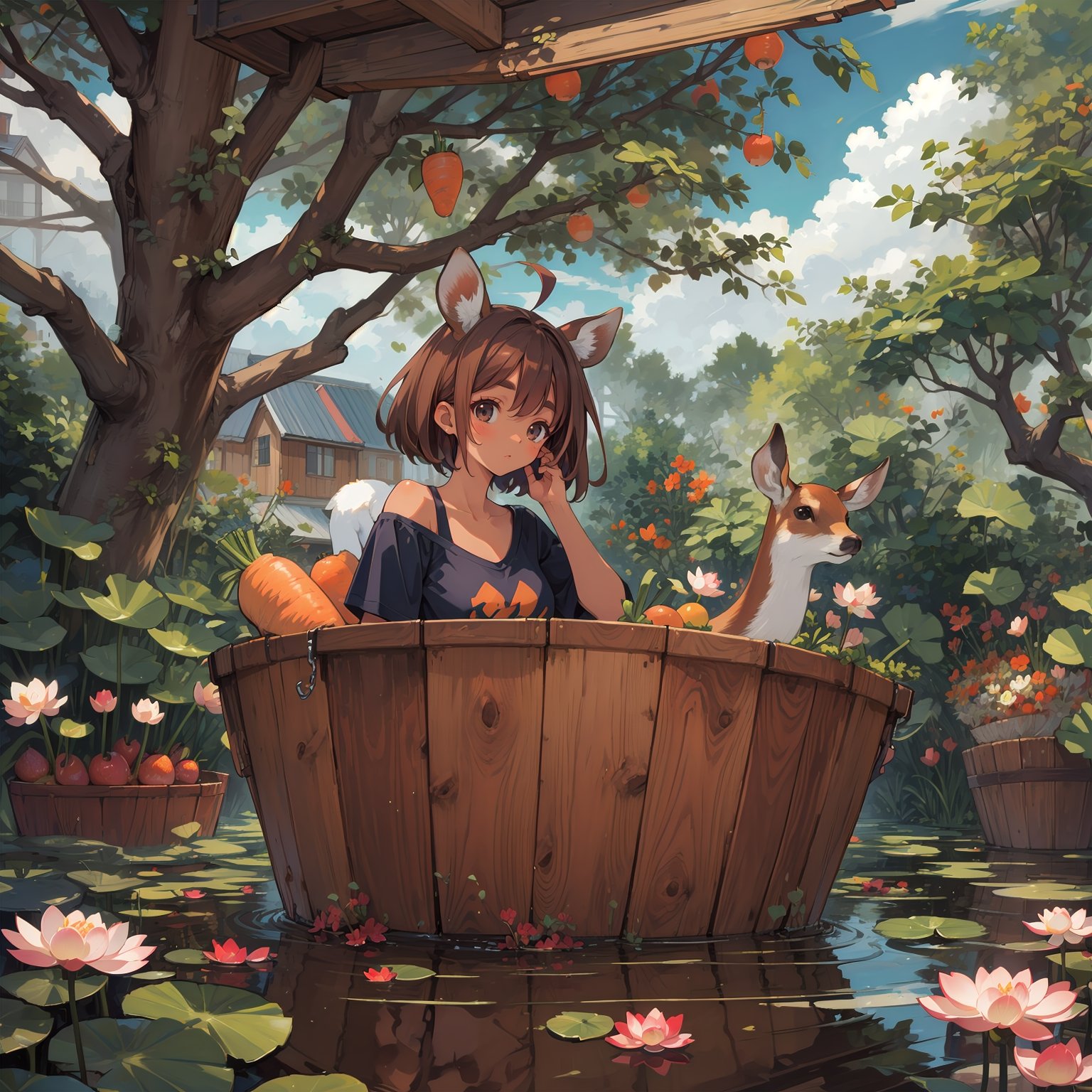 very wide shot, a girl with a deer sitting in a Wooden bucket partially submerged in the lake, 1girl,partially submerged,upper body,brown shirt,bare shoulder,t-shirt,short_sleeves,brown hair hair,deer ears,black eyes,floating hair,very long hair,collarbone,ahoge, tree,lake,fruit,bridge,jungle,weeds,lotus,treehouse,secretbase,house on cliff,reflection,dappled shadow,day,cloudy sky,Wooden bucket,carrot,radish,blurry reflection, deer,animal,dark_skin,dark-skinned_female, thick_eyebrows,