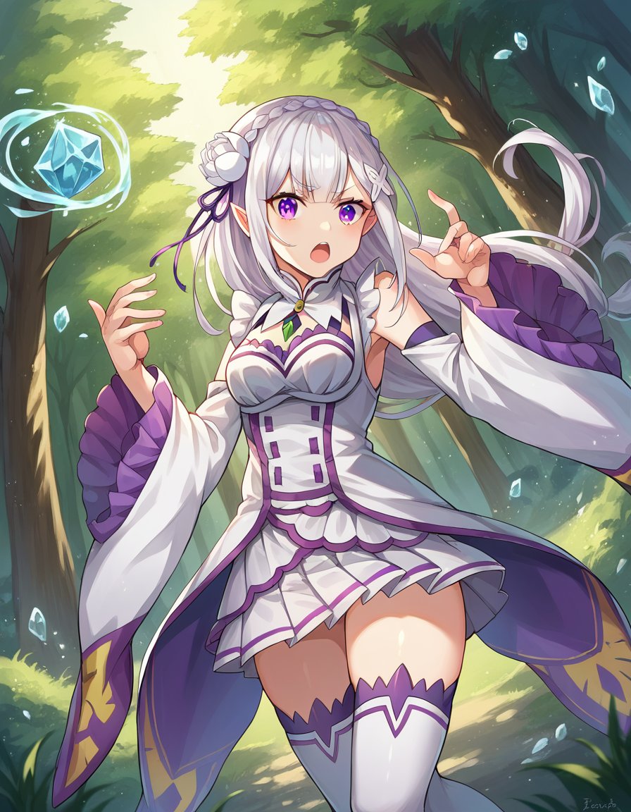 score_9, score_8_up, score_7_up, source_anime,rezeroemilia, <lora:rezero-emilia-ponyxl-lora-nochekaiser:1>,emilia, braid, crown braid, flower, hair flower, hair ornament, hair ribbon, long hair, pointy ears, purple eyes, white hair, x hair ornament, detached collar, detached sleeves, frilled sleeves, frills, long sleeves, miniskirt, pleated skirt, ribbon, skirt, thighhighs, white skirt, white sleeves, white thighhighs, wide sleeves, zettai ryouiki,outdoors, forest, nature, village, magic, fighting stance, ice, ice magic, open mouth,looking at viewer, dutch angle, cowboy shot,