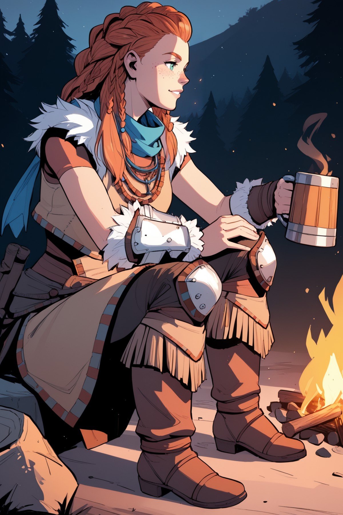 score_9, score_8_up, score_7_up, masterpiece, high quality, BREAK <lora:AloyPonyLoRA:1>aly, long hair, multiple braids, freckles, hair ornament, scarf, top, fur trim, necklace, bracer, skirt, pants, single knee pad, boots, sitting on a campfire, holding a mug with beer