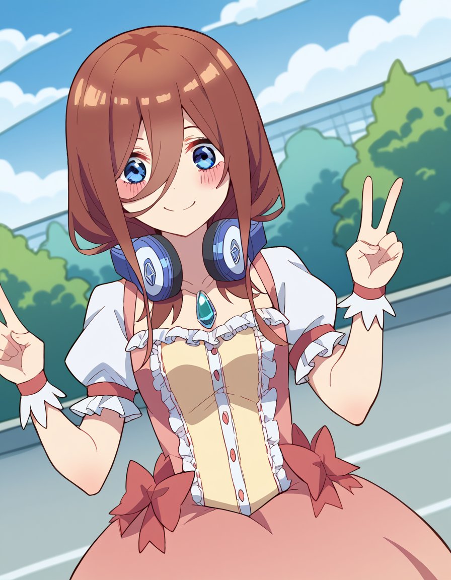 score_9, score_8_up, score_7_up, source_anime, mikunakano, <lora:miku-nakano-s2-ponyxl-lora-nochekaiser:1>, miku nakano, long hair, bangs, blue eyes, brown hair, hair between eyes, headphones, headphones around neck,, <lora:kaname-madoka-cosplay-ponyxl-lora-nochekaiser:1>, kanamemadokacosplay, kaname madoka \(cosplay\), chest jewel, dress, frilled dress, frills, magical girl, neck ribbon, pink dress, puffy short sleeves, puffy sleeves,, outdoors, streets, smile, blush, v, v over eye,, cowboy shot, dutch angle, solo,