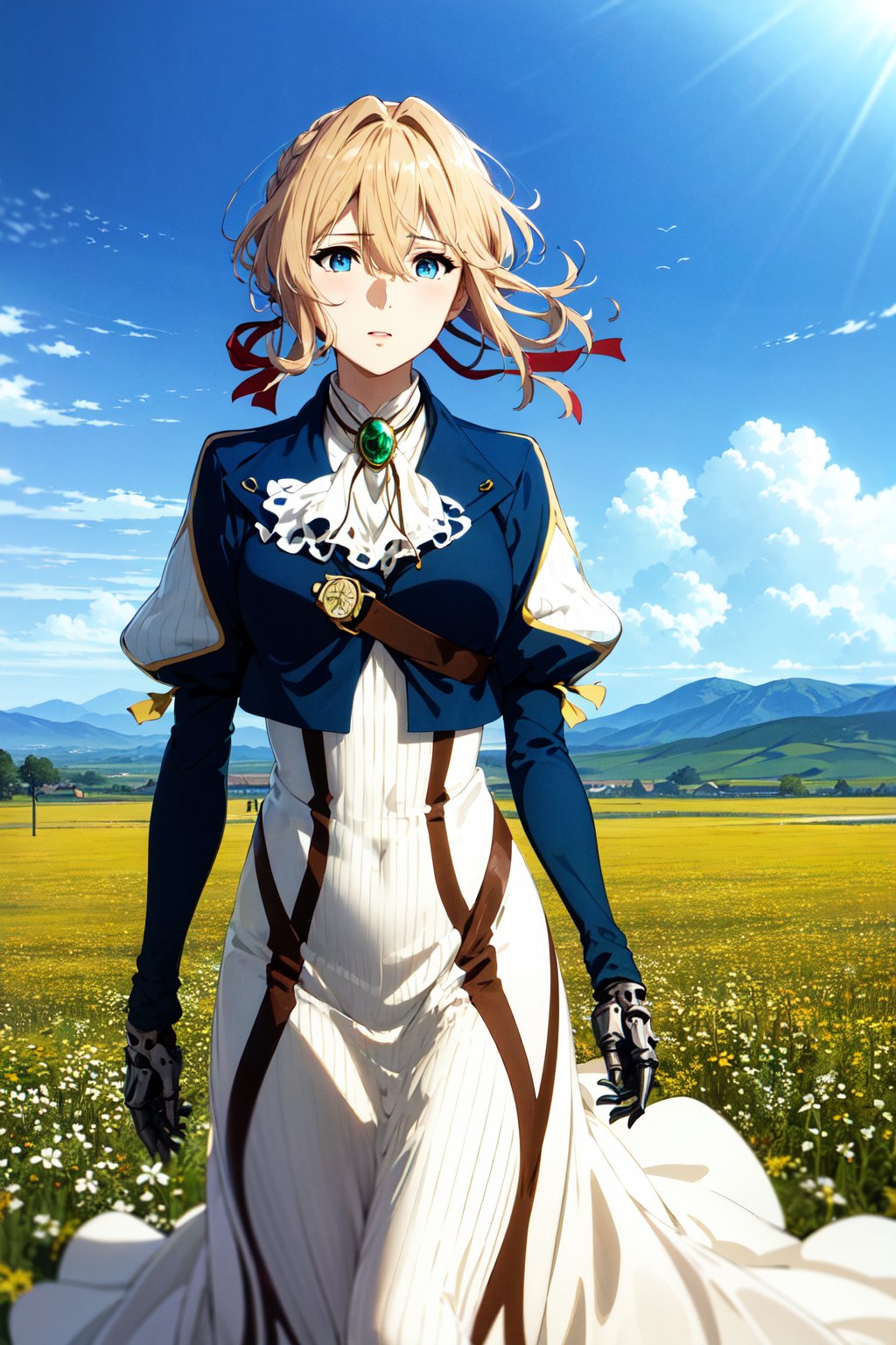 masterpiece, best quality, highres, violet evergarden, braid, hair ribbon, red ribbon, jewelry, white ascot, brooch, blue jacket, long sleeves, mechanical hands, white dress, long dress, <lora:violet_evergarden_v1:0.7>, outdoors, field, wind, floating hair, standing, cowboy shot,