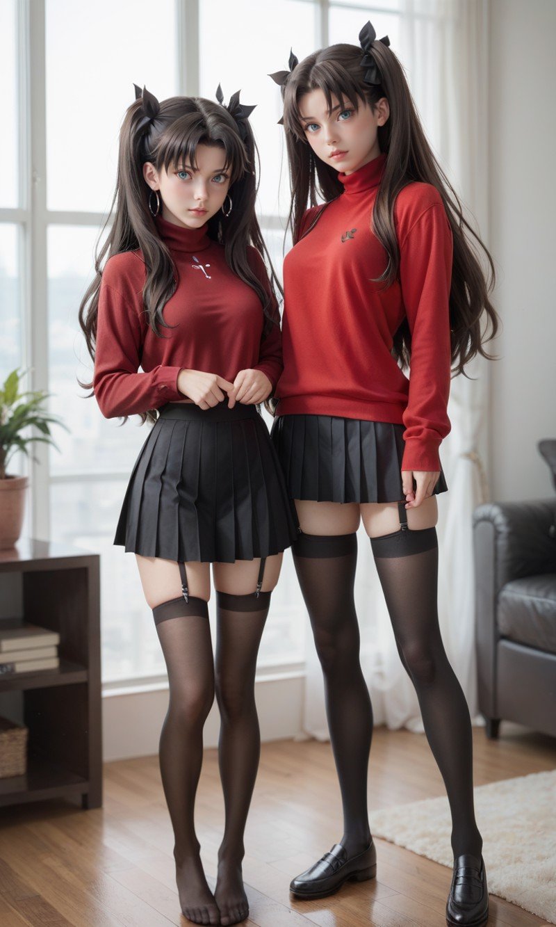 score_9, score_8_up, score_7_up, score_6_up, source ,rin_tohsaka, tohsaka rin, ruby gem, dark hair, long hair, black hair, two side up, twin-tails, sweater, long sleeves, red sweater, thighhighs, garter straps, zettai ryouiki, black pleated skirt, indoors  , masterpeice, best quality, very aesthetic, absurdres