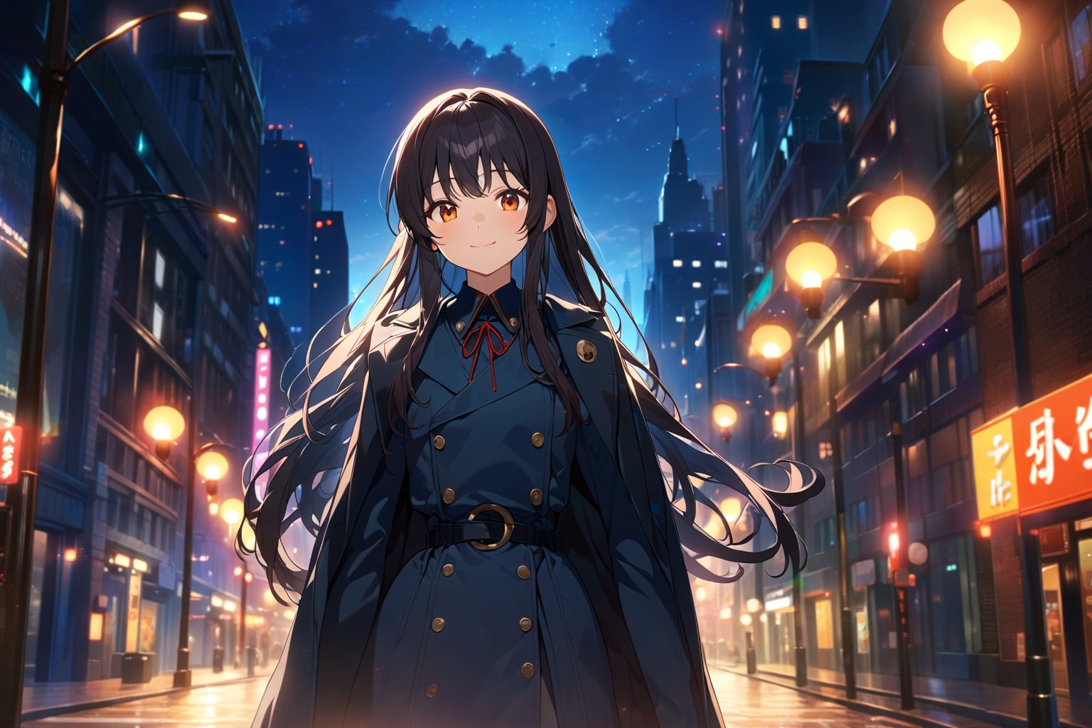 1girl, solo, teen, cowboy shot, (depth of field:1.2), (night), (long coat), downtown, (street light:1.1), (Fantastic lighting), looking at viewer, black hair, long hair, [smile], (Closed mouth), best quality, 4K, ultra detailed CG, highres, source anime, newest