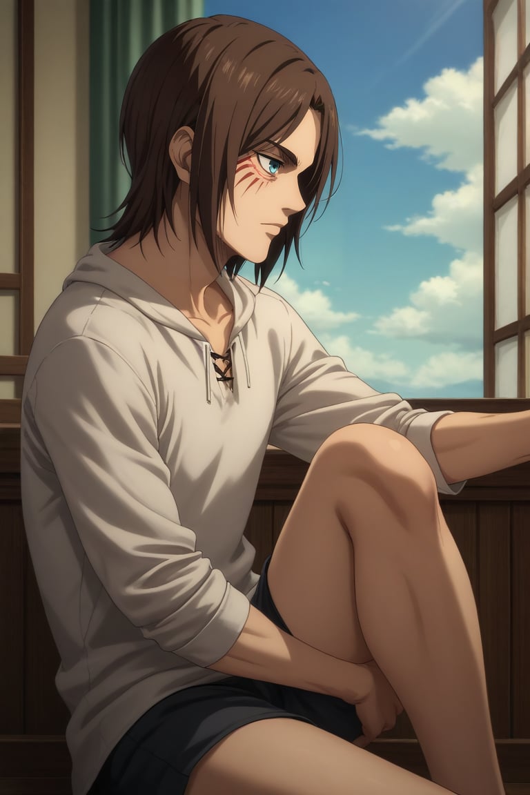 score_9, score_8_up, score_7_up, source_anime, rating_safe, , , , , 1boy, solo, male focus, <lora:eren_yeager_s4_pony:0.82>, eren_yeager_s4, brown hair, blue eyes, medium hair, facial mark, profile, heaven, clouds, indoors, light, one leg up, :D, , <lora:sdxl_lightning_8step_lora:1>