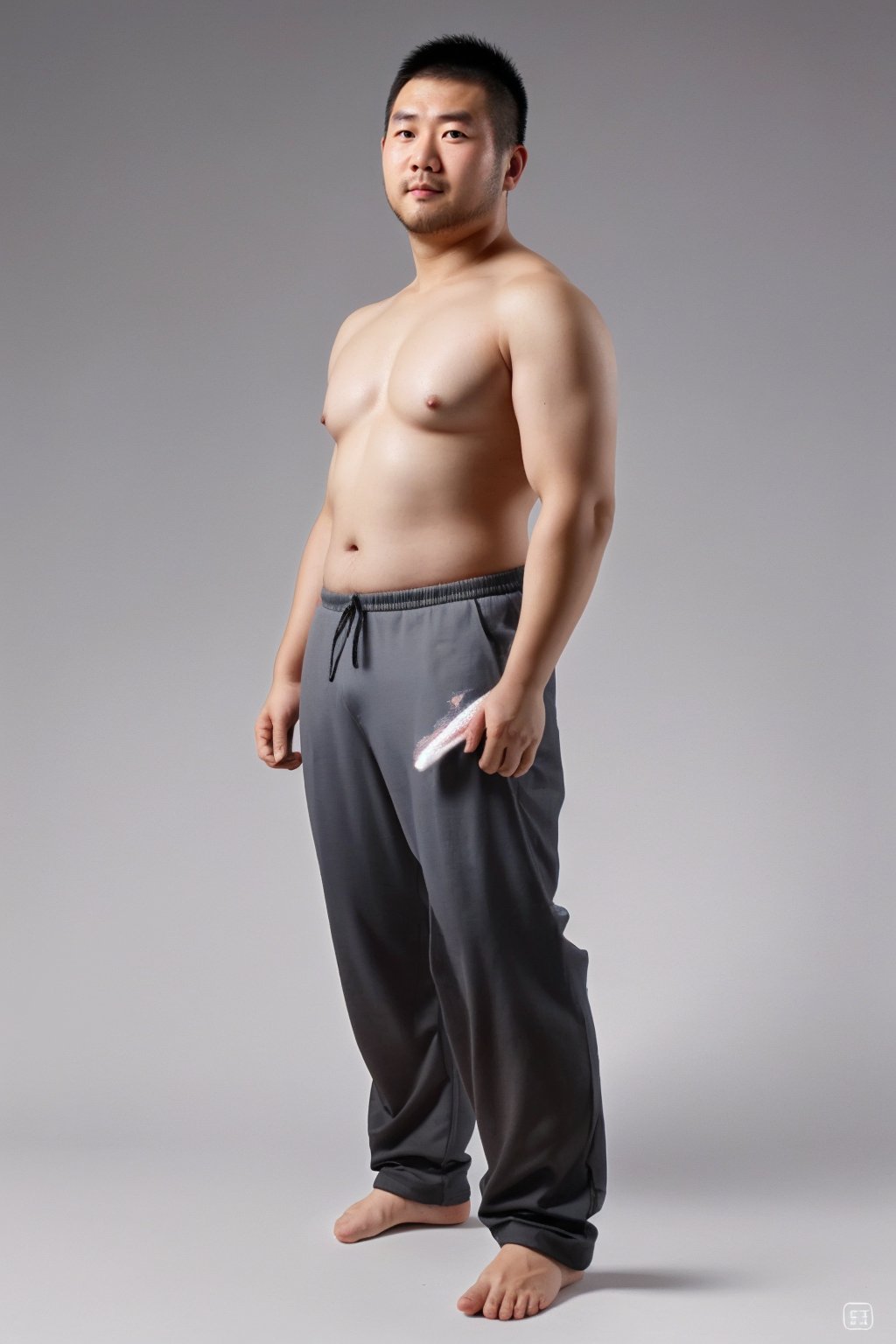 zhuangxiong,a 30 years old man,bara,solo,asian,black hair,black eyes,full body,topless male,gray gradient background,beach pants,