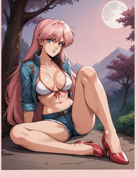 score_9, score_8_up, score_7_up, score_6_up, score_5_up, score_4_up, source_anime, BREAK, 1girl, bare legs, bikini, bondage, brown hair, cleavage, cropped jacket,  day, denim shorts, frills, full moon, gloves, high heels, jewelry, long sleeves, medium breasts, multiple girls, oldschool, pink background, pink hair, solo, tree, uncensored, uniform, very long hair, oldschool, <lora:Pony_OldSchool-05:1> 