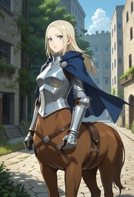 score_9,score_8_up,score_7_up,score_6_up,score_5_up,score_4_up, BREAK, 1girl, solo, (looking at viewer), scenery, outdoors,  knight, armor, shoulder cape, centaur, 