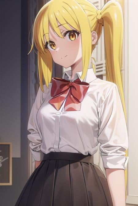 nijikaijichi, <lora:nijika ijichi s1-lora-nochekaiser:1>, nijika ijichi, ahoge, (yellow hair:1.5), (brown eyes:1.5), long hair, side ponytail, smile,BREAK (black skirt:1.5), bow, bowtie, collared shirt, pleated skirt, polka dot, polka dot bow, red bow, (red bowtie:1.5), red footwear, shirt, shoes, short sleeves, skirt, socks, (white shirt:1.5), white socks,BREAK indoors, classroom,BREAK looking at viewer, (cowboy shot:1.5), BREAK <lyco:GoodHands-beta2:1>, (masterpiece:1.2), best quality, high resolution, unity 8k wallpaper, (illustration:0.8), (beautiful detailed eyes:1.6), extremely detailed face, perfect lighting, extremely detailed CG, (perfect hands, perfect anatomy),