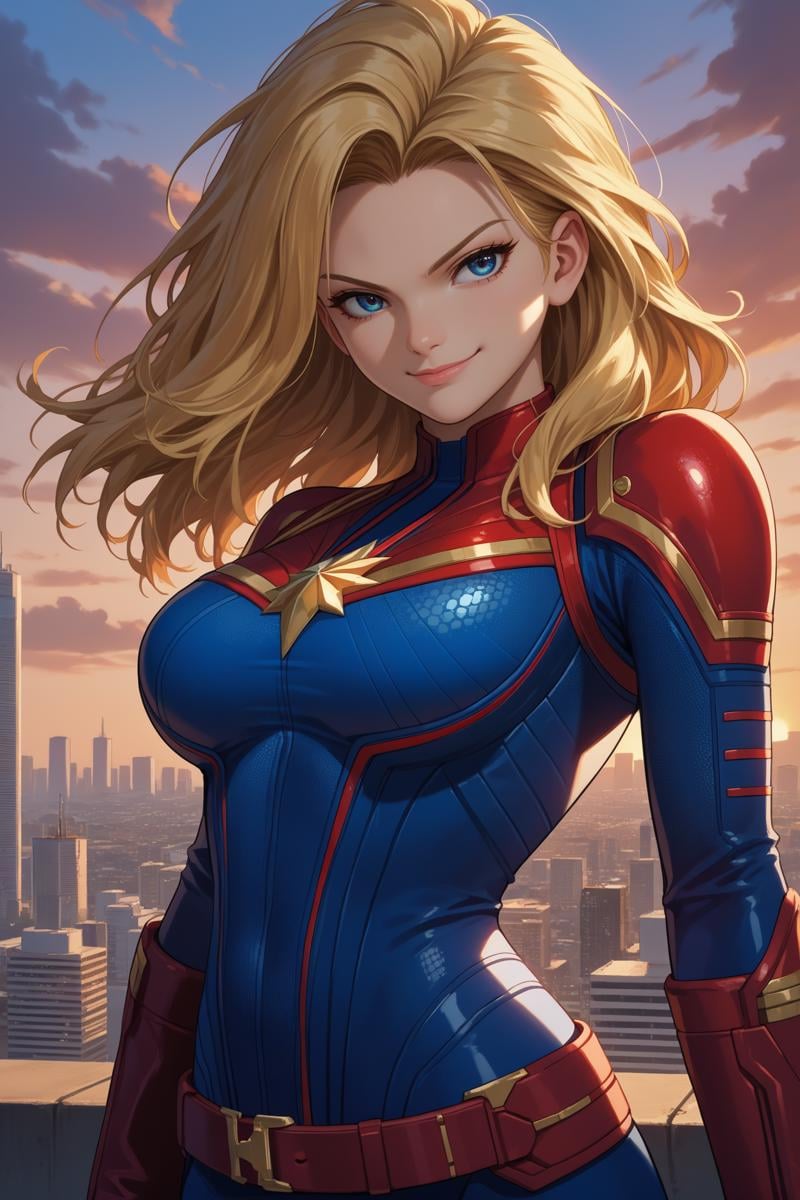 score_9, score_8_up, score_7_up, score_6_up, source_anime, 1girl, solo, <lora:cptmarvel-pdxl-nvwls-v1-000006:1> cptmvl, blonde hair, long hair, blue eyes, red and blue bodysuit, red gloves, belt, large breasts, looking at you, smirk, city, sunset, cityscape, upper body, facing viewer