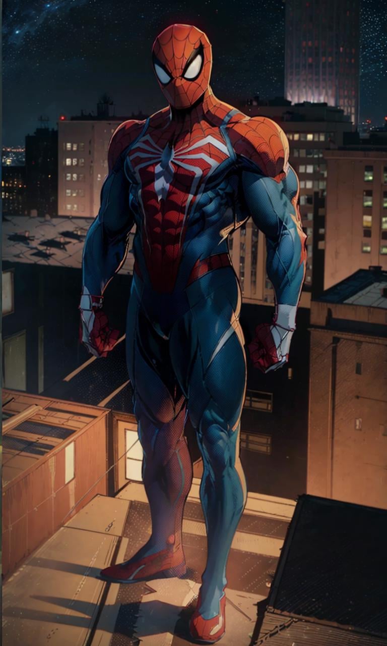 spideyadv2, man standing on rooftop, muscular, best quality, masterpiece, 8k, uhd, night, new york,comic book style