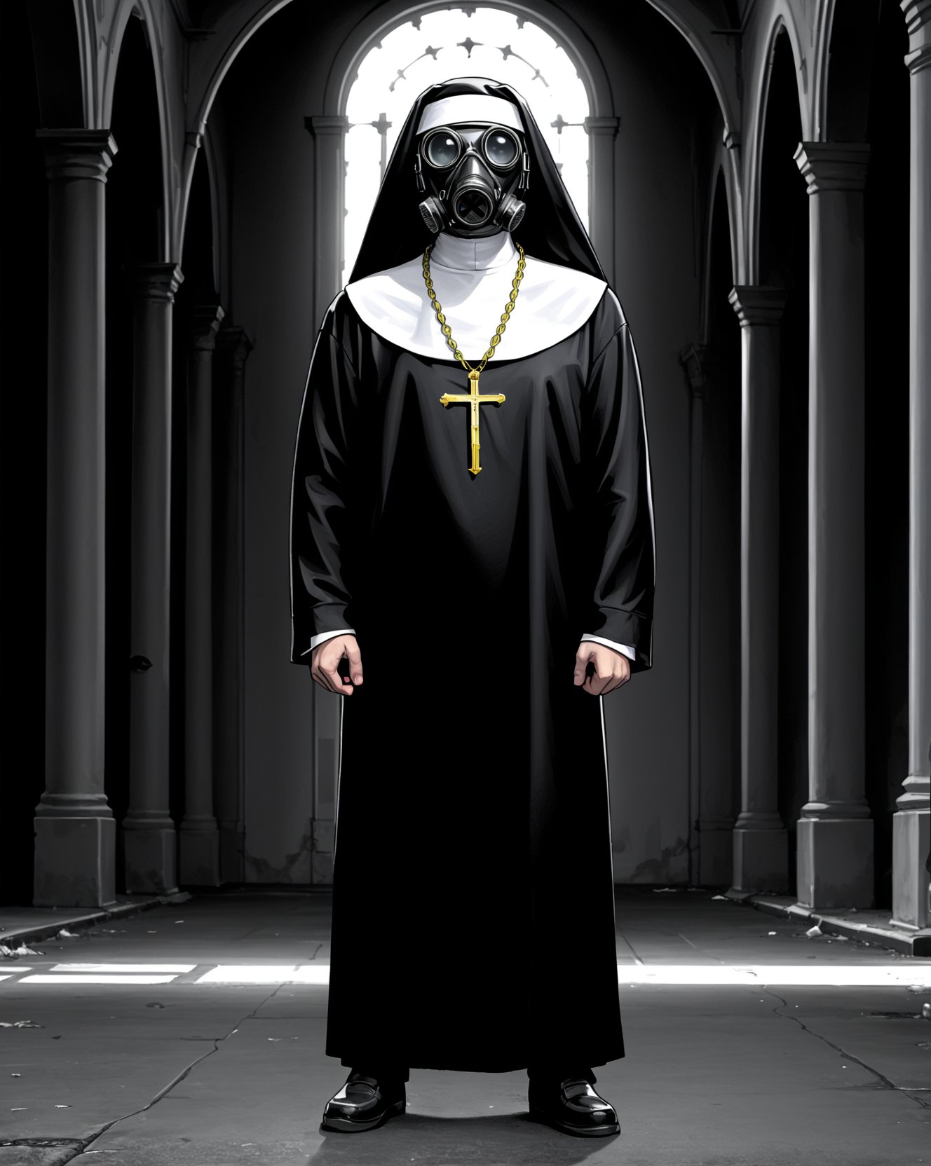 rebnun, a nun wearing her polka dot habit and wearing a gas mask, looking straight at the camera, lots of gold chains with crucifixes around her neck, full body shot of her standing in the street surrounded by diabolical architecture, hyperrealistic, ultra realistic, cinematic, captured with a Canon EOS R6 camera using a EF 24-70mm f/2.8L II USM lens, renowned for its sharpness and versatility. The camera settings are carefully chosen to freeze the action, with an aperture of f/5.6, ISO 400, and a shutter speed of 1/500 sec <lora:nun-000008:1>