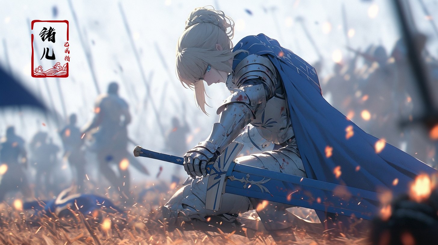 blurry, blurry_background, blurry_foreground, depth_of_field, motion_blur, armor, artoria_pendragon_\(fate\), saber, sword, cape, weapon, gauntlets, blue_cape, 1girl, planted, armored_dress, planted_sword, hair_bun, solo_focus，(Blood. Blood on the armor:1.5)，Epic CG masterpiece, hdr,dtm, full ha,8K, ultra detailed graphic tension, dynamic poses, stunning colors, 3D rendering, surrealism, cinematic lighting effects, realism, 00 renderer, super realistic, full - body photos, super vista, super wide Angle, HD，(Blue smoke enveloped the body:1.5)，(solo focus:1.7)，Saber，1girl, In hand sword，blue dress，Blue bow，gorgeous armor，platinum blonde hair，close-up,(imid shot,macro shot:1.25),(Detailed face description),(Detailed hair description),(Detailed clothes description),A shot with tension，(sky glows red,Visual impact,giving the poster a dynamic and visually striking appearance:1.2),<lora:绪儿-Saber:0.8> 