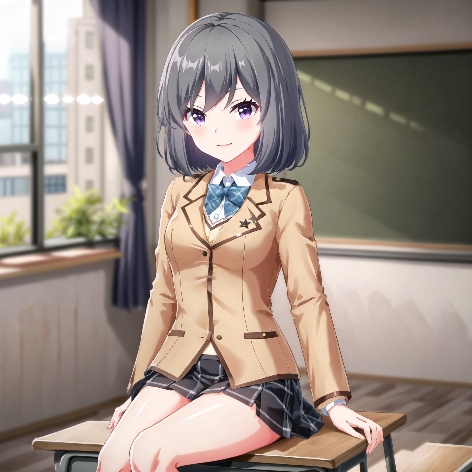 (high quality, best quality), 1girl, solo, kanzaki rio, tsukinode-uniform, <lora:rio2-000007:0.75>, sitting, on_desk, classroom, looking_at_viewer, smile, blush, window, curtain, hdr