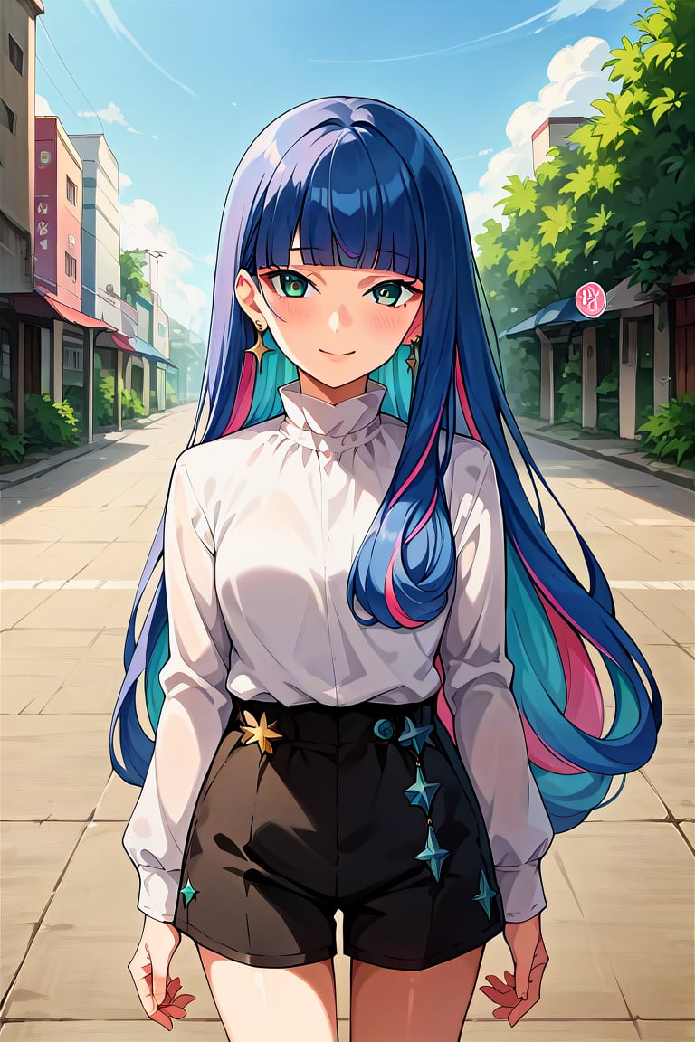 score_9, score_8_up, score_7_up, score_6_up, score_5_up, score_4_up, rating_questionable, , source_anime, digital illustration, pixiv, fanbox, uncensored, , BREAK, official art,1girl, solo, female, eida, blue hair, blunt bangs, colored colored inner hair, long hair, earrings, long sidelocks,white shirt, long sleeves, black shorts, star \(symbol\), jewelry, outdoors, light smile, blush, cowboy shot, looking at viewer, colorful, vivid   <lora:Eida_Pony-10:0.8>