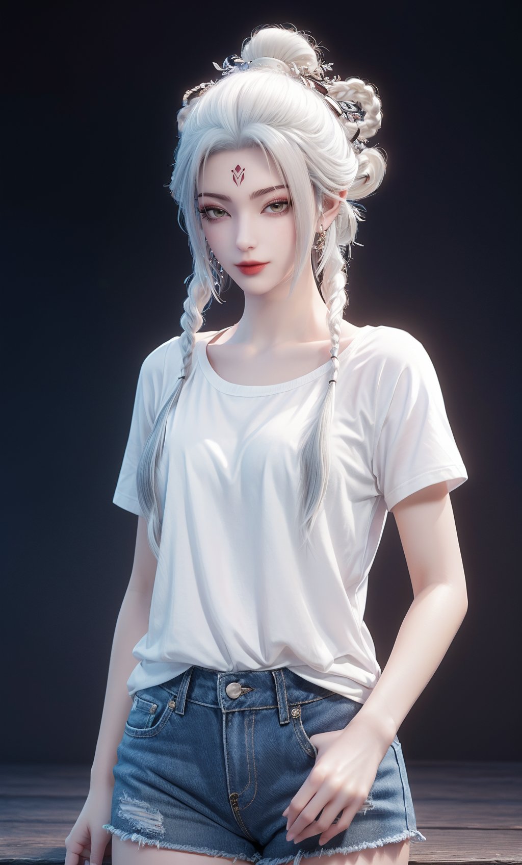 (Solid background:1.2),masterpiece,(best quality),white hair,official art,extremely detailed cg 8k wallpaper,(extremely delicate and beautiful),solo,realistic,photo_\(medium\),portrait,1girl,(forehead mark,multiple braids,hair bun,hair stick,braid,hair ornament,:1.1),<lora:xiaobai_new_v2.1:0.65>,, white T-Shirt,short  jeans, bare thigh,