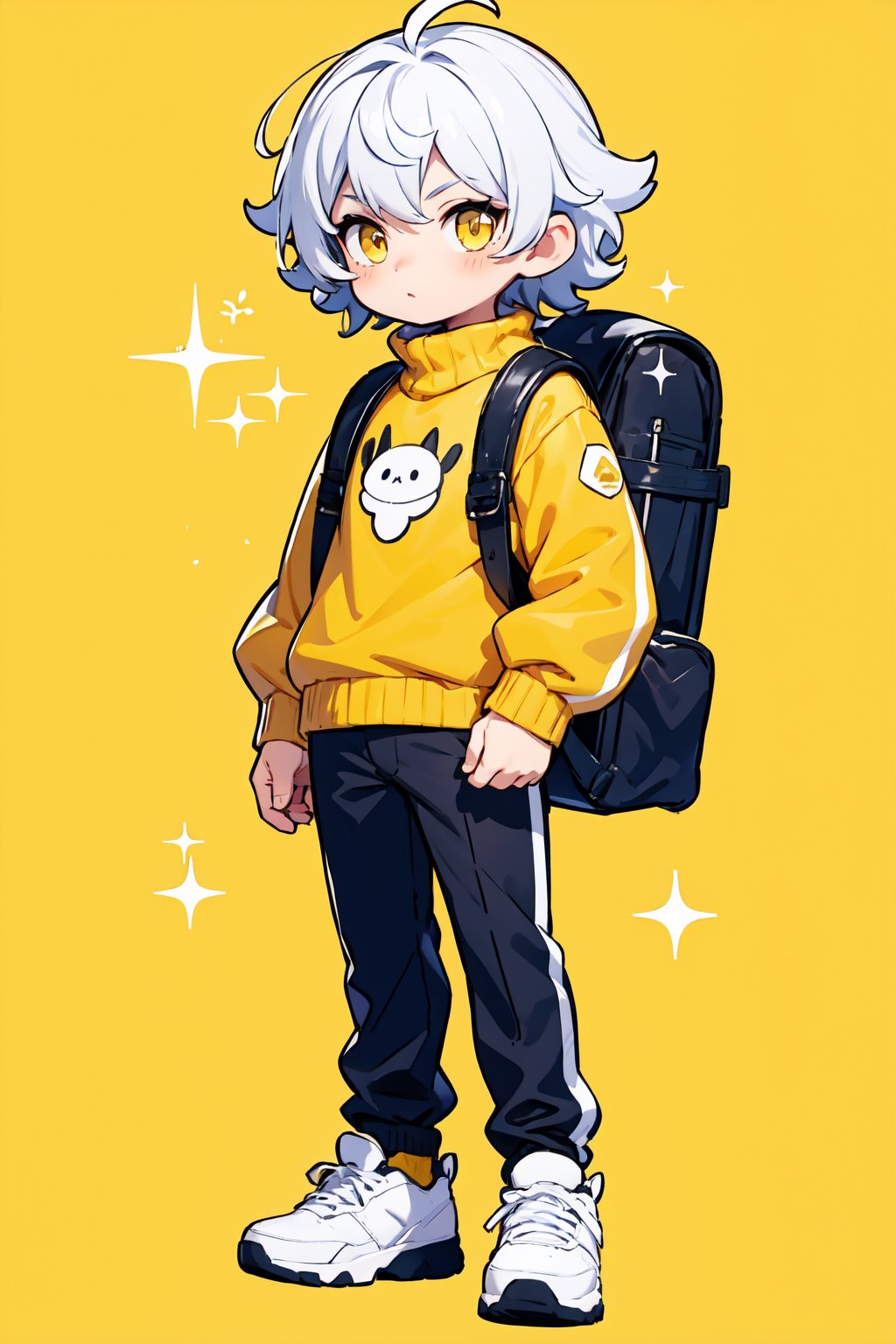 solo,black pants,pants,white footwear,long sleeves,bag,shoes,yellow eyes,sweater,white hair,yellow sweater,1boy,yellow background,curly hair,backpack,male focus,full body,sparkle,no nose,standing,black bag,yellow theme,simple background,,masterpiece,high quality,