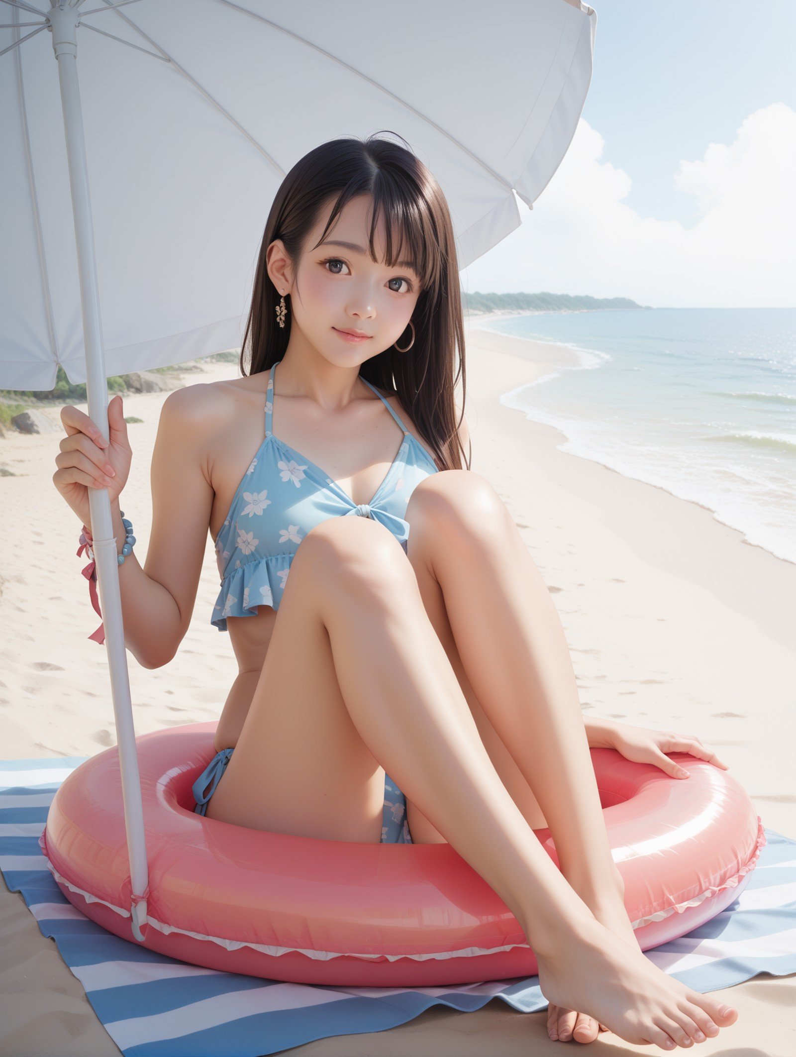 score_9, score_8_up, score_7_up,looking at viewer, 1girl, cute,sitting,  beach,beach umbrella,holding innertube, 