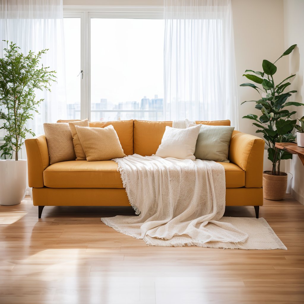 Interior, modern light luxury minimalist style, super wide Angle, soft light, white walls, sofa, sofa blanket, throw pillows, large picture window, 1 pot plant, white tulle curtain, early morning, RAW color photos, professional photos, masterpieces, best quality, realistic