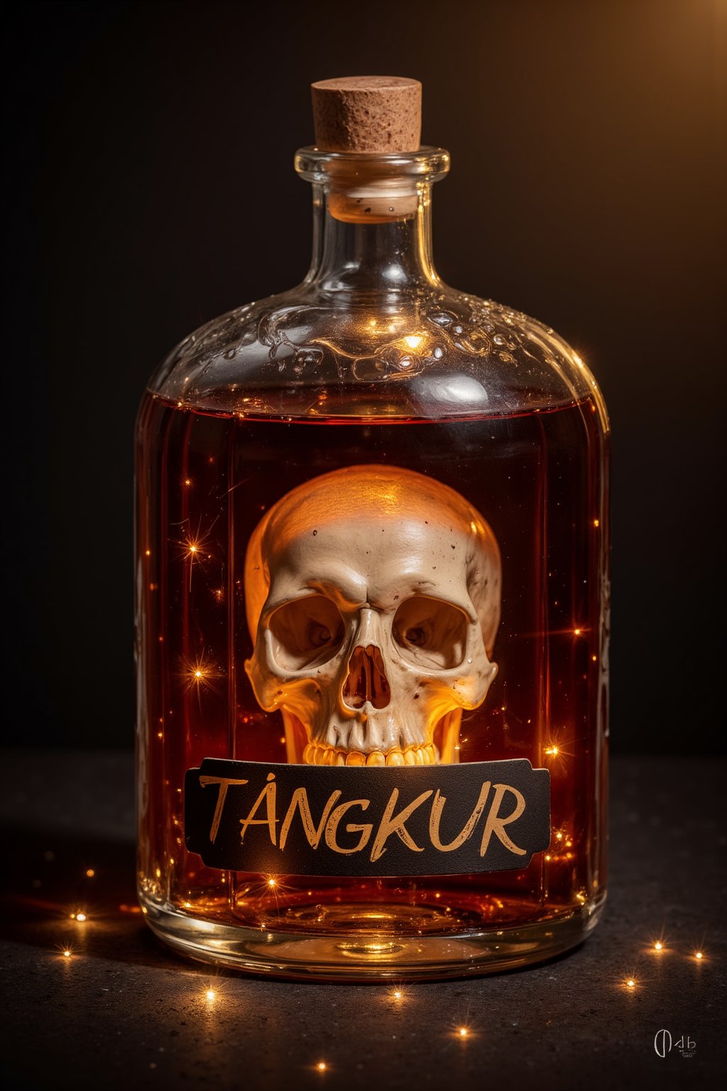 A jar filled with liquor, a skull in the jar, label saying " TANGKUR", magic glow, photorealistic, best quality