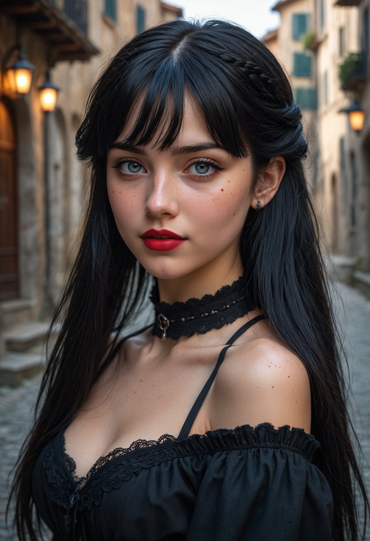 1girl,witch, (hair bangs), braids, side view,full body, petite, bright picture, cute italian girl, blue,(black hair), facing the camera, highly detailed, epic, (straight hair:1.7), gorgeous, film, Ultra High Resolution, wallpaper, 8K,Rich texture details, hyper detailed, detailed eyes, detailed background, dramatic angle, epic composition, award winning photo, (black choker:1.3), long hair, freckles, (18 year old girl), (mad:1.7), red lips, (smirk:1.7)