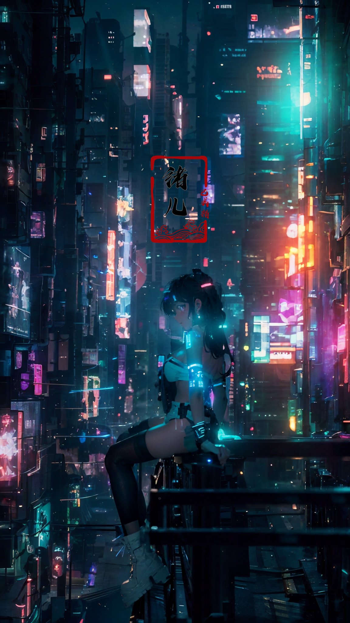 blurry, blurry_background, blurry_foreground, depth_of_field, motion_blur,1girl, cyberpunk, solo, science fiction, city, neon lights, sitting, night, building, strapless, breasts, hologram, skyscraper, boots, long hair, cityscape, thighhighs, sky, black hair, scenery, white footwear，upper body，(glow, light pollution:1.5)，(solo focus:1.7)，  <lora:绪儿-赛博城市场景 science cyber:0.8>
