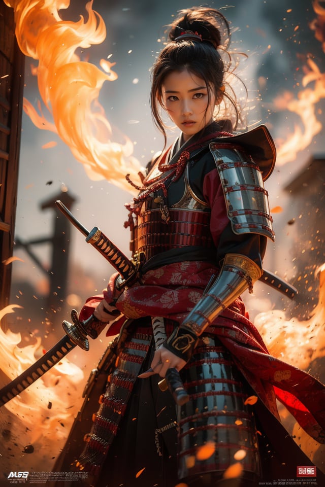 Akira Kurosawa's cinematic style poster,A 28-year-old girl,full body shoot,embodying the spirit of a Samurai from the Warring States Period in Japan. Brightly colored,with a backdrop of war,She wears traditional samurai armor adorned with intricate details,holding a katana with determination,The falling smoke of gunpowder,symbolizing the beauty amidst conflict,Detailed,historical,and with a touch of elegance,cinematic,detailed,style dominated by red,minimalist composition shimmer,edge ligh,best quality,masterpiece,an extremely delicate and beautiful,CG,unity,8k wallpaper,Amazing,finely detail,masterpiece,official art,extremely detailed CG unity 8k wallpaper,incredibly absurdres,huge filesize,ultra-detailed,highres,extremely detailed,<lora:Samurai_20240302050726:0.8>,