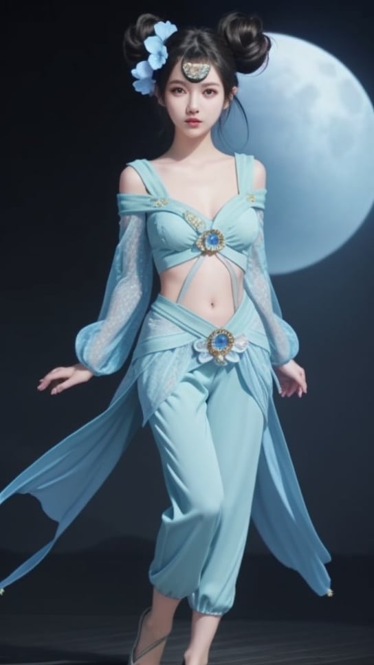 (1girl),smooth chin,masterpiece,detailed face,((hair ornament)),top quality,4k,make up,best quality,medium breasts,(looking at viewer),long legs,double bun,jewelry hair,dress,detached sleeves,ribbon,shawl,light blue skirt,puffy pants,hair rings,hair flower,(wariza),(arms behind back),bangs,jewelry on bangs,<lora:王者 小乔 青蛇SD_v1.0:0.6>,