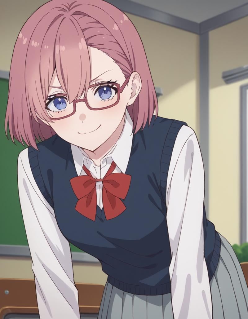 score_9, score_8_up, score_7_up, source_anime, <lora:ririsa-amano-s1-ponyxl-lora-nochekaiser:1>, ririsa amano, short hair, glasses, blue eyes, pink hair, bangs,, skirt, bow, school uniform, jacket, pleated skirt, grey skirt, sweater vest, collared shirt,, indoors, bent over, smile, smug, looking at viewer, solo,, cowboy shot, dutch angle