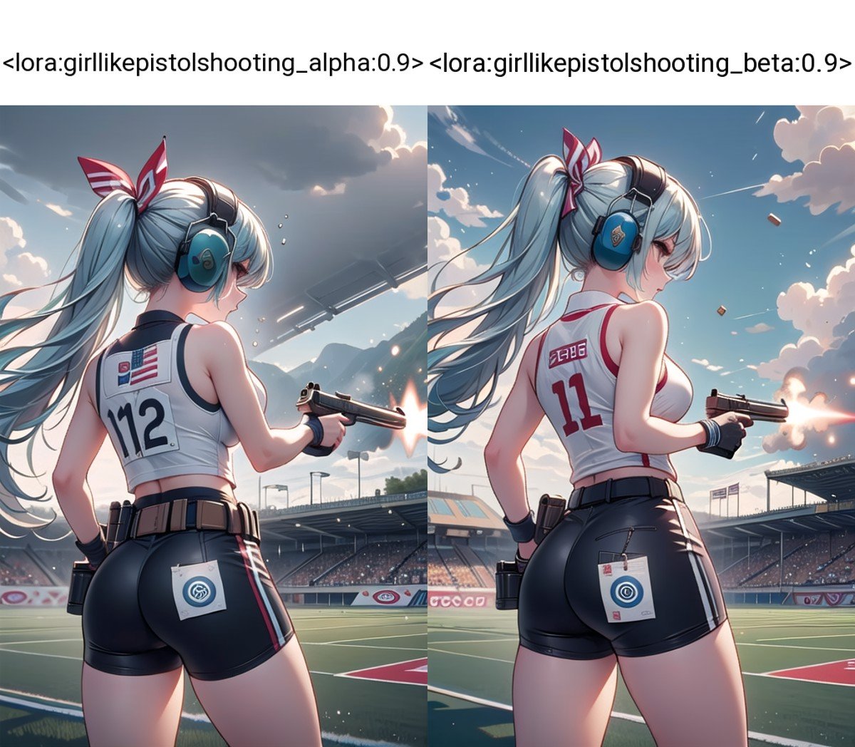 (((masterpiece))), (((best quality))), (((target in range))), ((pistol shooting)), (holding air handgun), outstretched arm, muzzle flash, aiming at viewer, firing, player uniform, sleeveless, sports shorts, ear defenders, fingerless gloves, olympic games venue, sky, wind, steam, sweat, shadow, 1girl, ribbon, aqua hair, wavy hair, floating hair, big tits, standing, from behind, <lora:girllikepistolshooting_alpha:0.9>