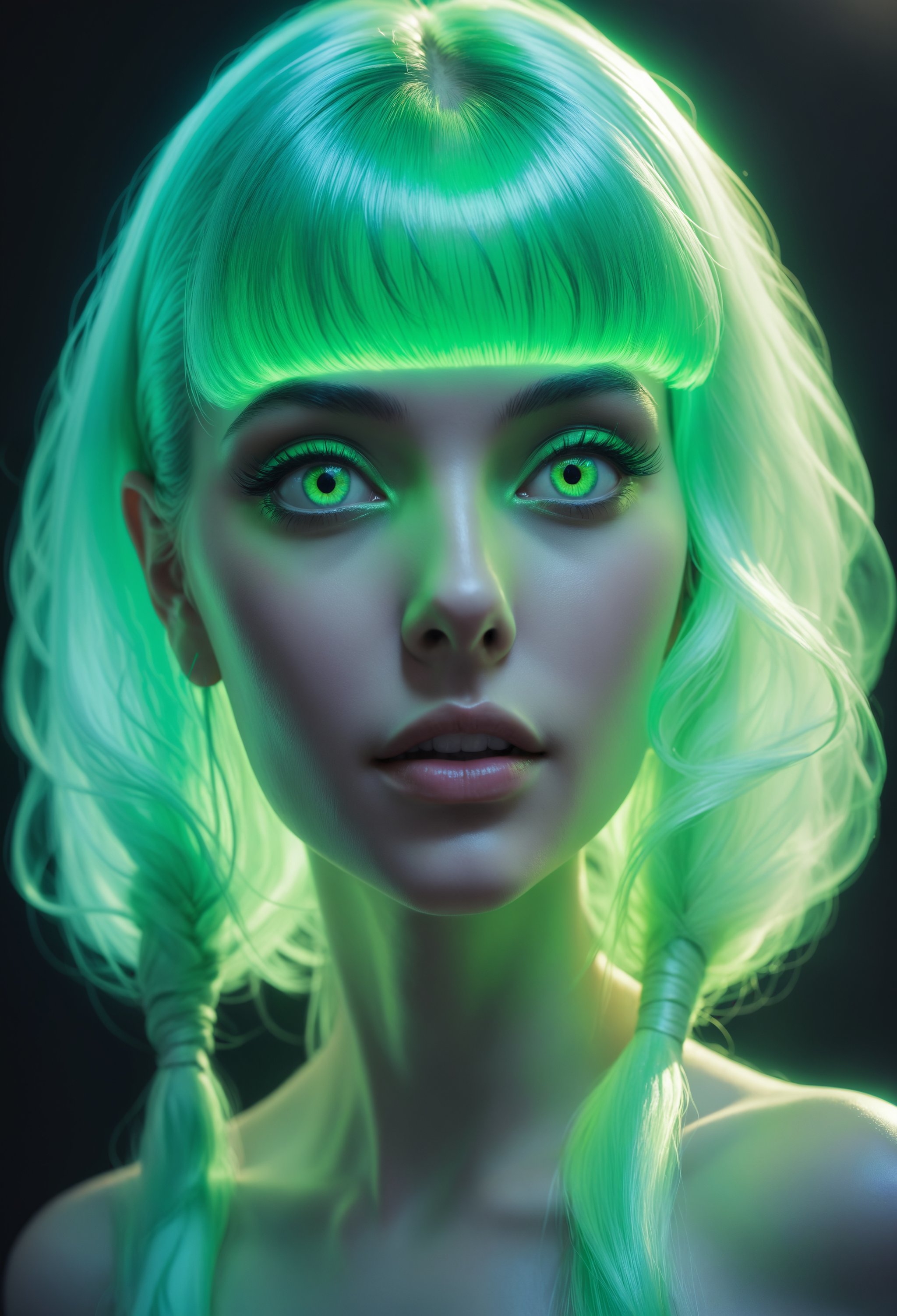zavy-hrglw, neon green hair, hyperrealistic style portrait of an otherworldly being with metallic skin, translucent, ghostly, transparent, opalescent, expression of feelings, imaginative, highly detailed, magnificent, celestial, ethereal, epic, magical, dreamy, chiaroscuro, atmospheric lighting, clean,