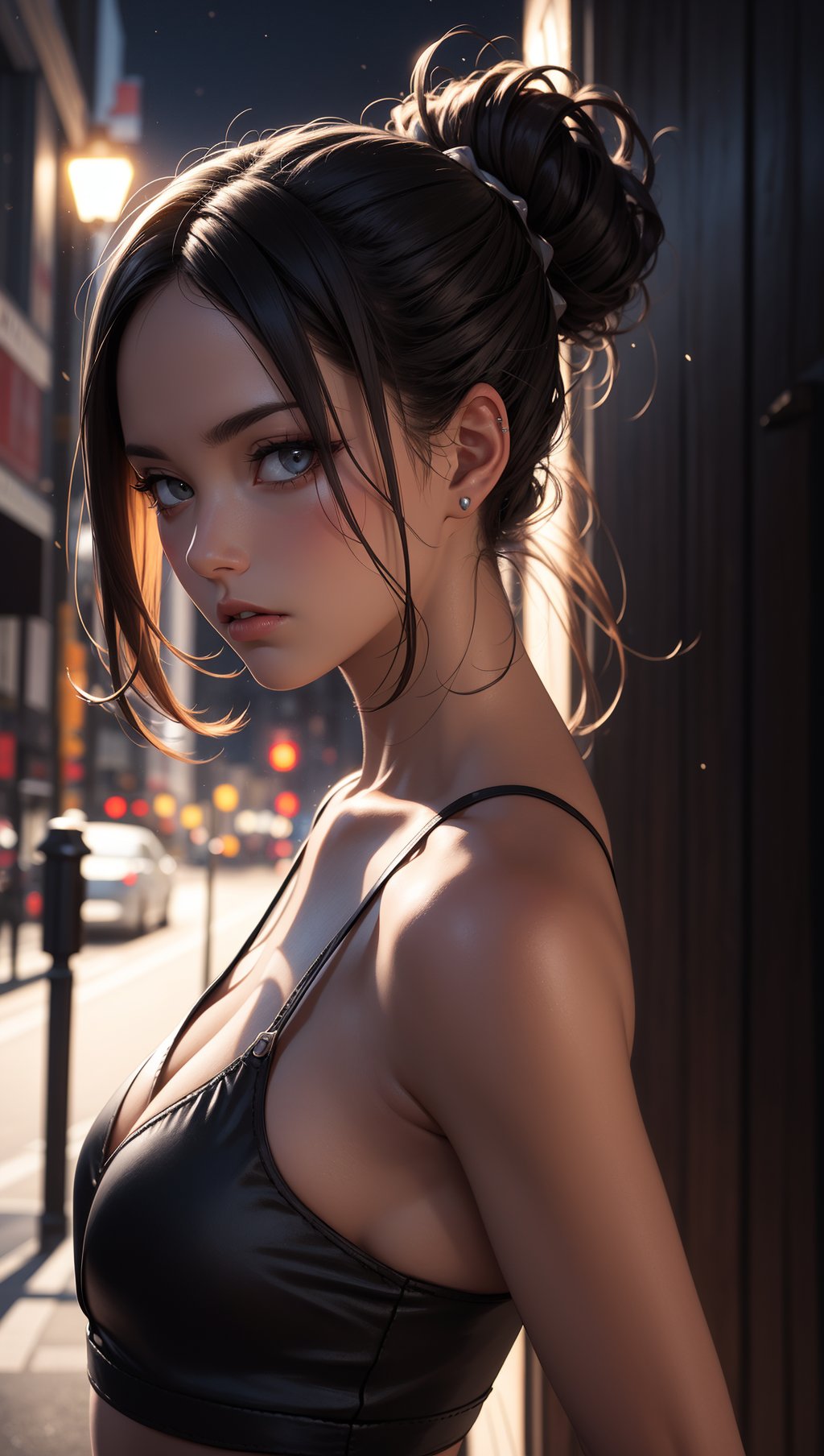 god rays,interesting background,unique background,dramatic light,dramatic pose,dramatic angle,solo,Expressive,woman,brunette,beautiful,cute,model,hair up,city,night,summer,(looking at viewer),