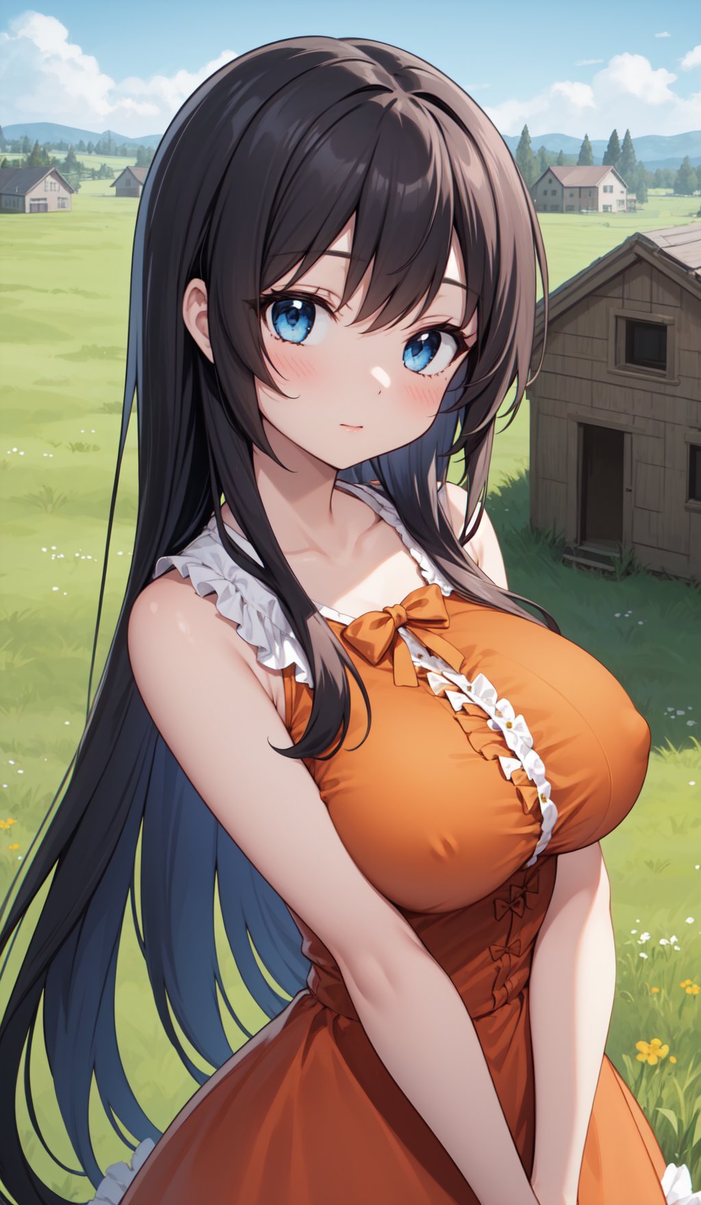 masterpiece, best quality, 1girl, outdoors, houses, meadow, large breasts, upper body, orange dress, bow, frills, sleeveless, ribbons, black long hair, blue eyes, looking at viewer