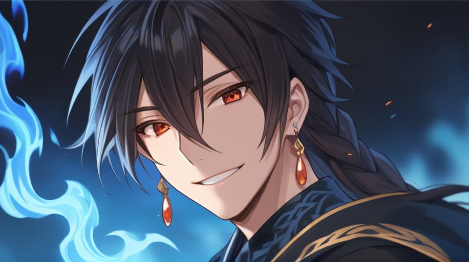 (best quality), ((masterpiece)), (highres), illustration, original, extremely detailed,   <lora:恩佩西斯的闪光:0.7>1boy, male focus, solo, red eyes, long hair, hair between eyes, smile, looking at viewer, earrings, jewelry, black hair, upper body, braid, bangs, blue fire, fire, blurry background, blurry, parted lips, single earring, sidelocks