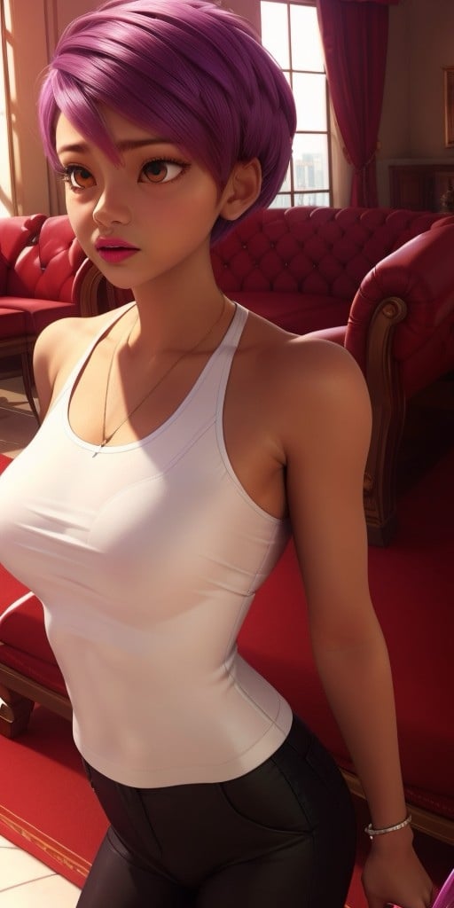 Hyperrealistic, photorealistic, super detailed, pixie-cut purple hair, expressive light brown eyes, body like in real life, large pores, slender, beautiful arms, unreal engine, octane render, droped shadow, bokeh, cinematic lighting, Strong fuchsia lipstick, Light brown eyes, Dark-skinned, <lora:add_detail:0.5>, <lora:Volumetric_lighting:0.6>, Light brown eyes, Pixie-cut purple hair, Rolling, Penny, , <lora:bd6cac7b-47eb-46fc-94e7-13fab41043a1:0.7>