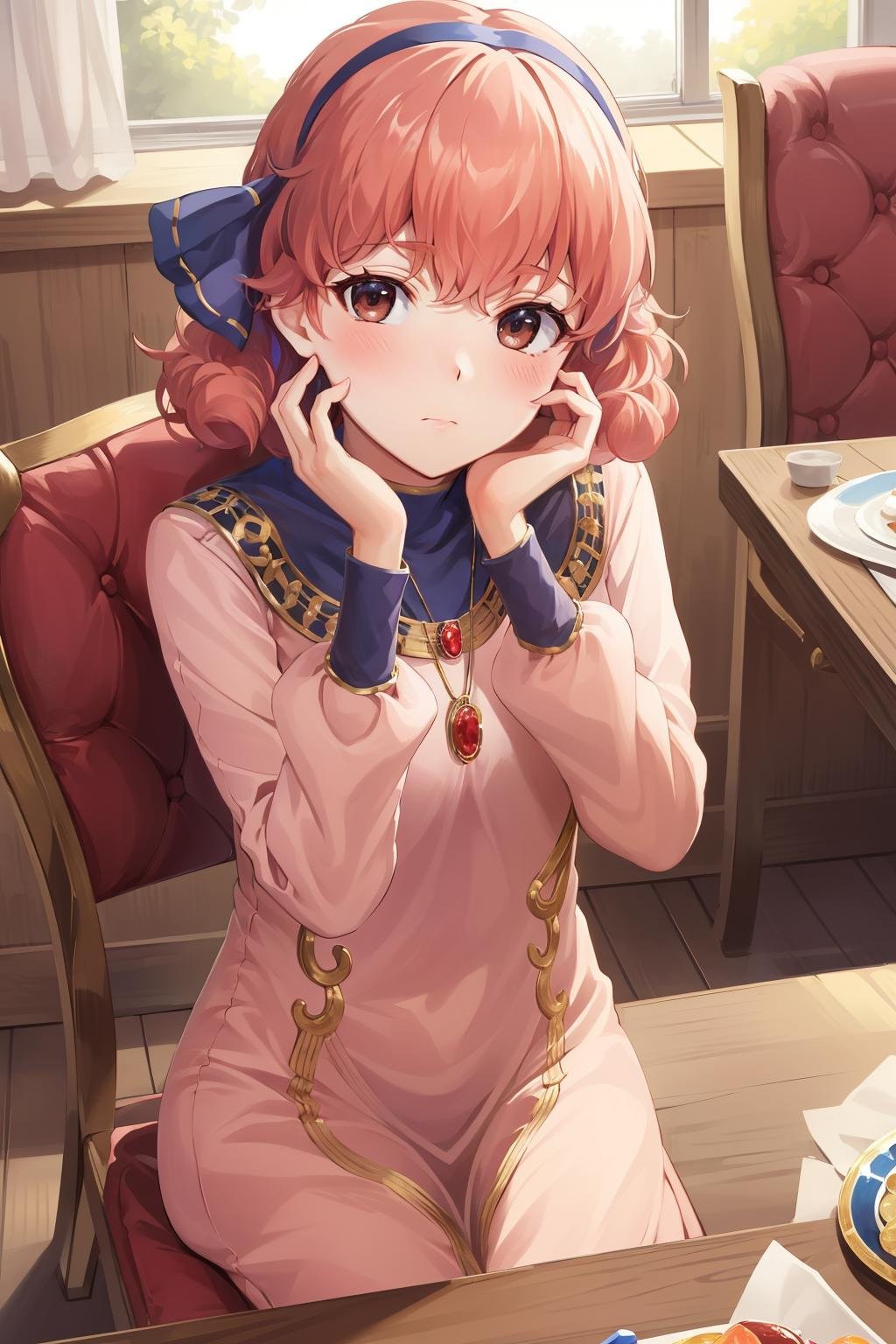 masterpiece, best quality, genny, hairband, necklace, long dress, sitting, dining table, chair, sitting in chair, looking at viewer, blush, closed mouth, wide open eyes, indoors, hands on table <lora:genny-nvwls-v2-000012:0.9>