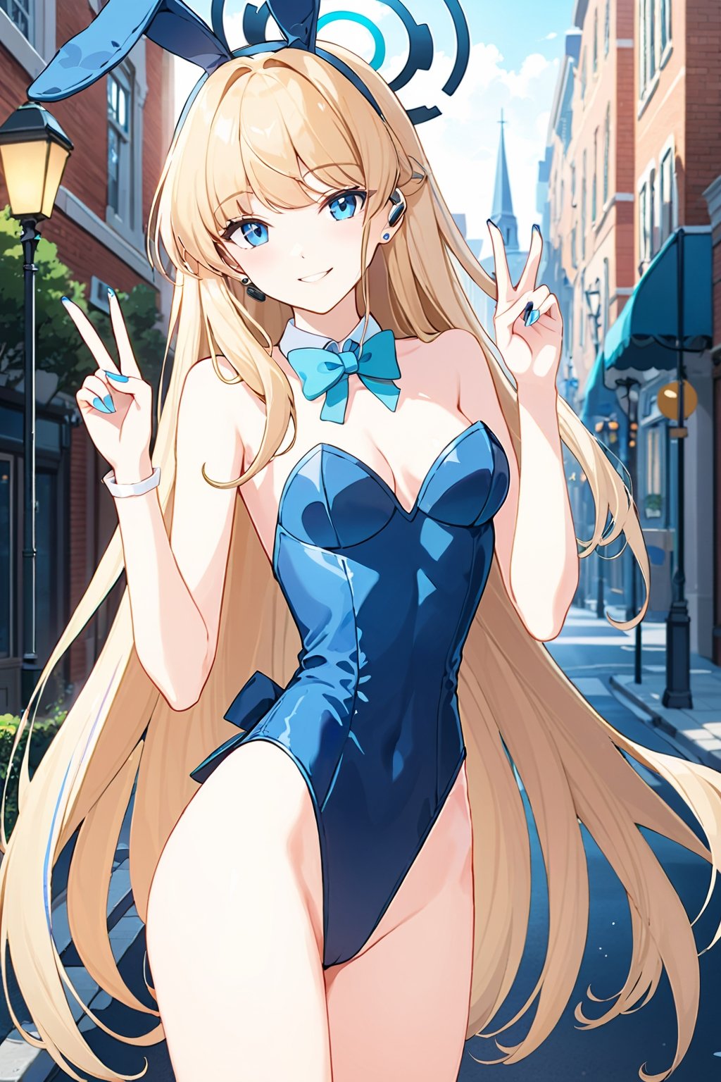 masterpiece, official art, no text, toki \(bunny\) \(blue_archive\), toki \(blue_archive\), halo, blond hair, long hair, breasts, medium breasts, strapless leotard, on street, outdoors, double v, smile, blue nails, upper body, depth of field <lora:last3-000005:0.8>